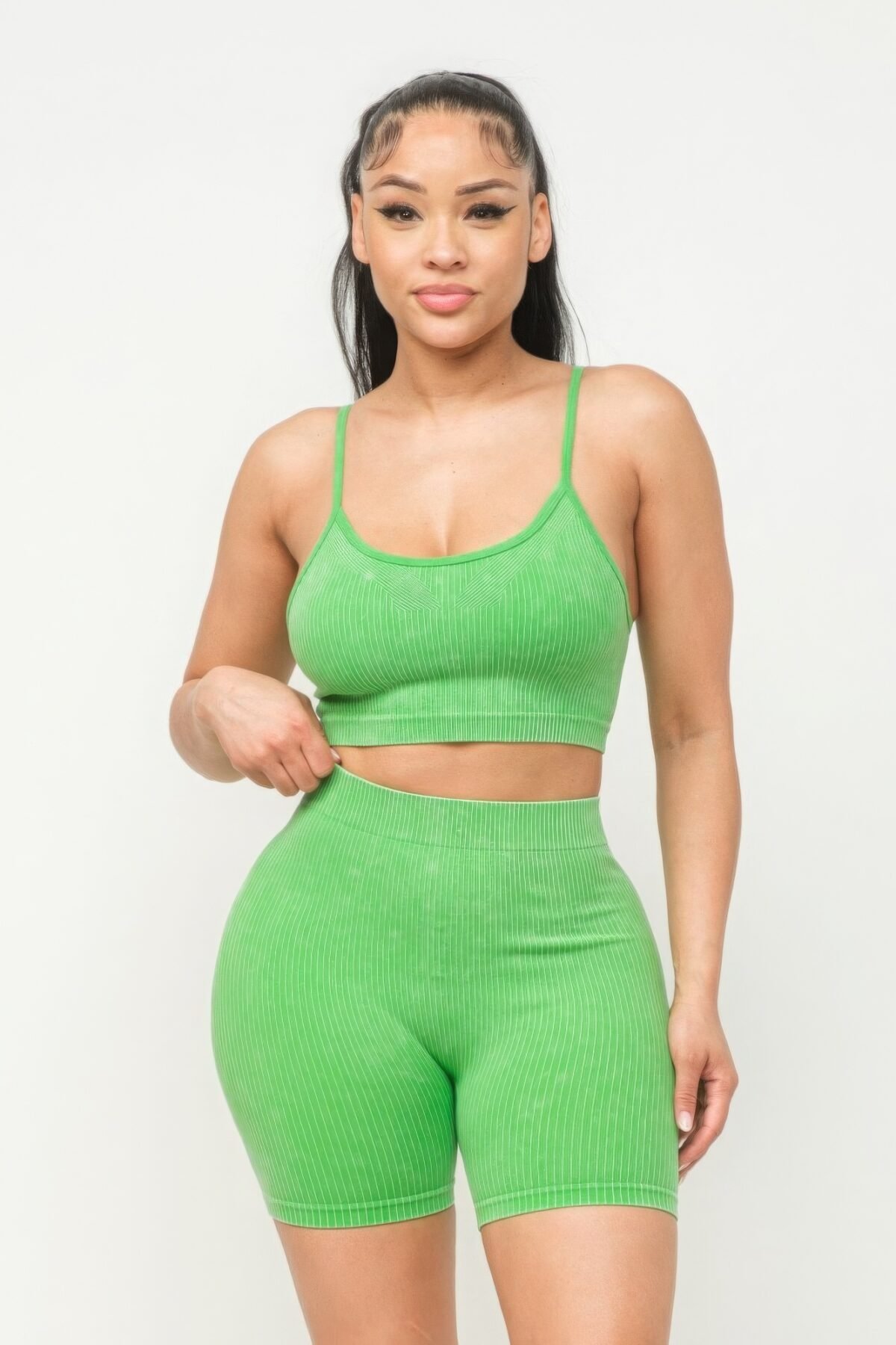 Washed Seamless Basic Tank Top And Shorts Set - Image 1