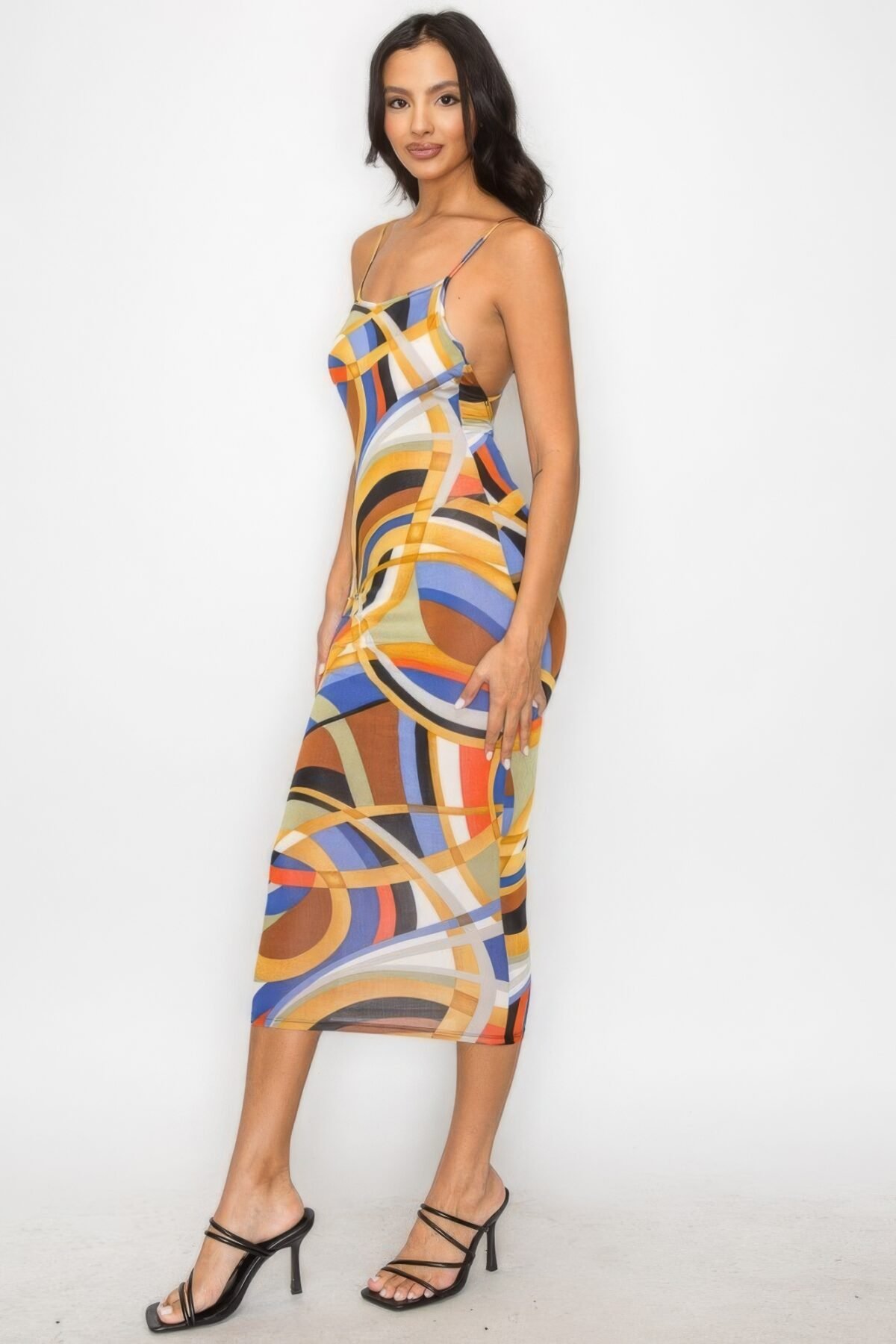 Crossed Back Marble Print Multicolor Midi Dress - Image 2