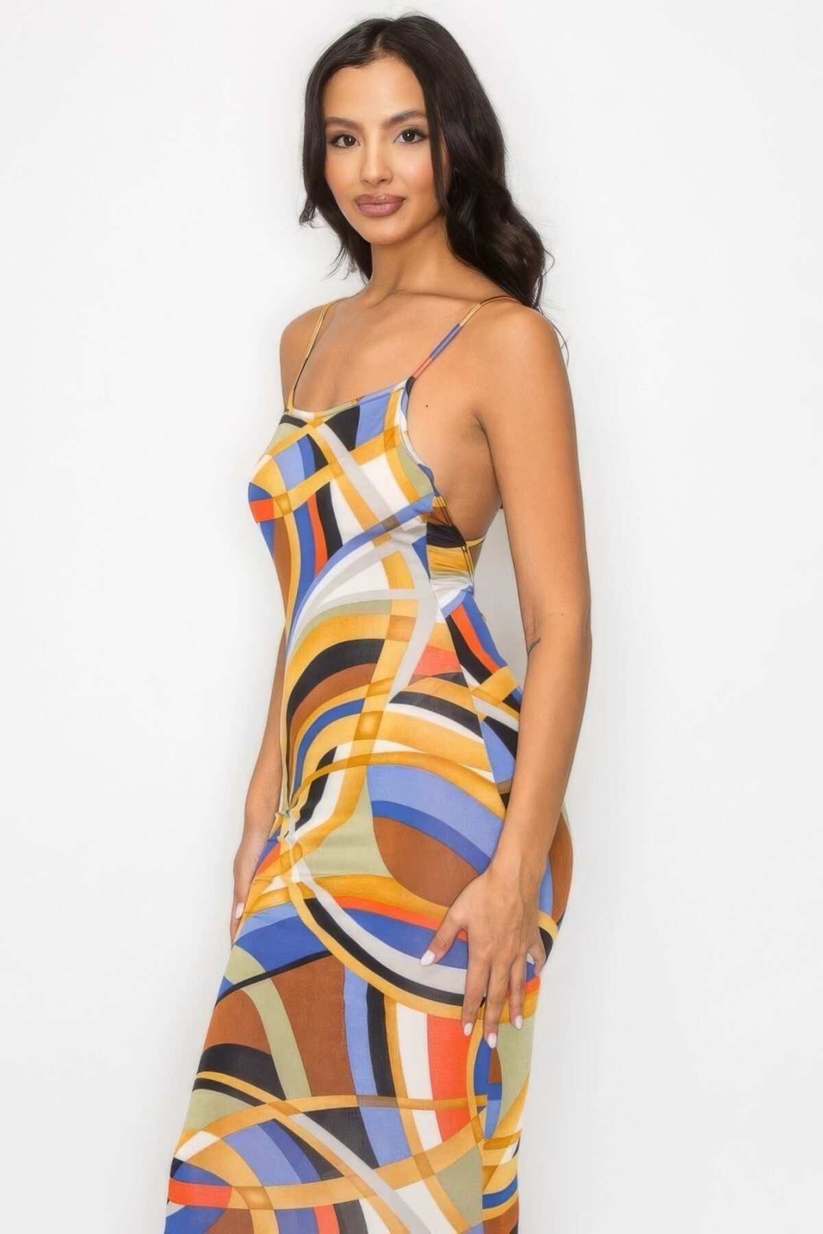 Crossed Back Marble Print Multicolor Midi Dress - Image 4