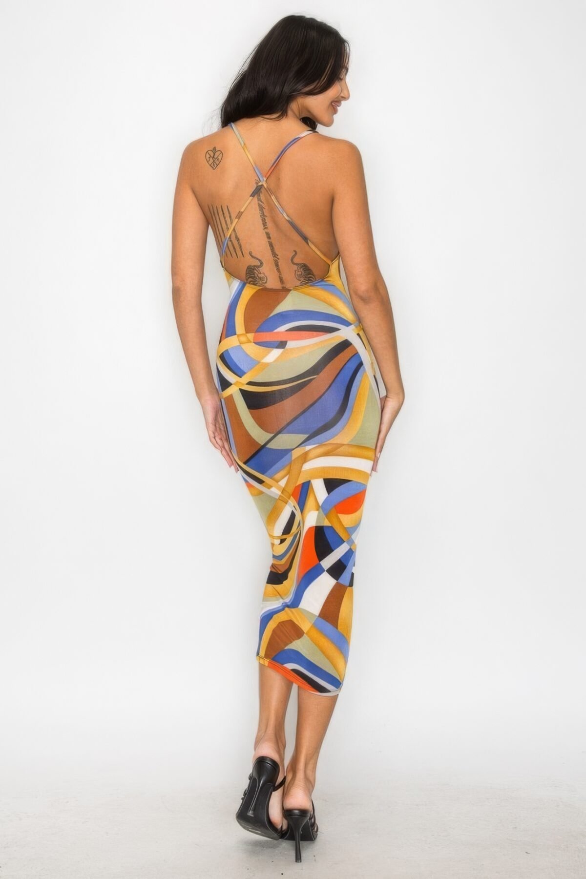 Crossed Back Marble Print Multicolor Midi Dress - Image 6
