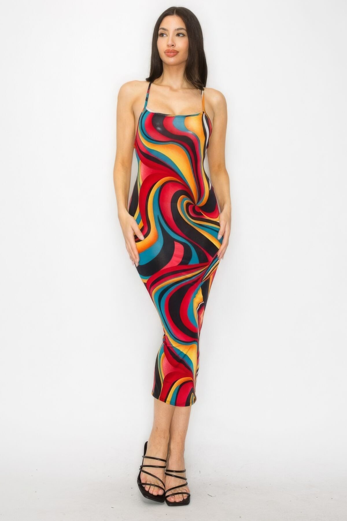 Crossed Back Marble Print Multicolor Midi Dress - Image 1