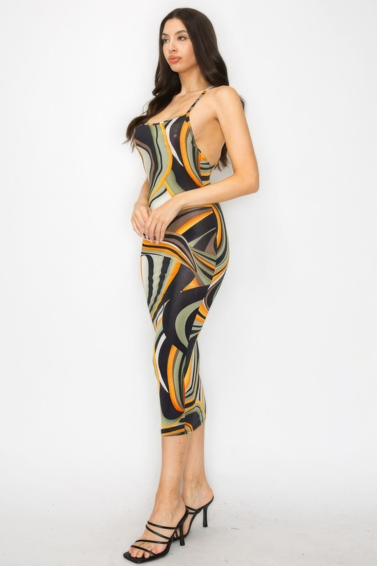 Crossed Back Marble Print Multicolor Midi Dress - Image 3