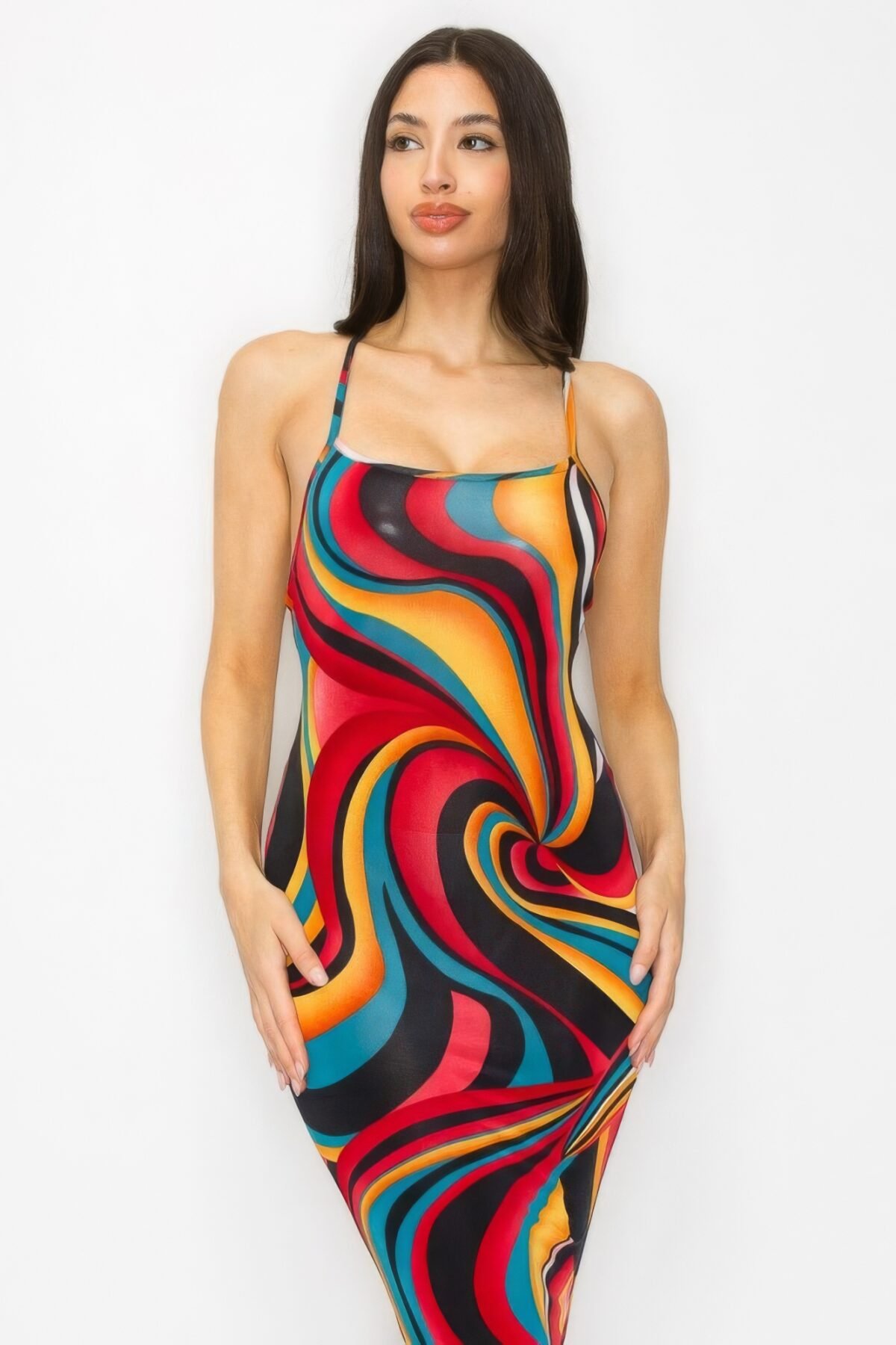 Crossed Back Marble Print Multicolor Midi Dress - Image 2