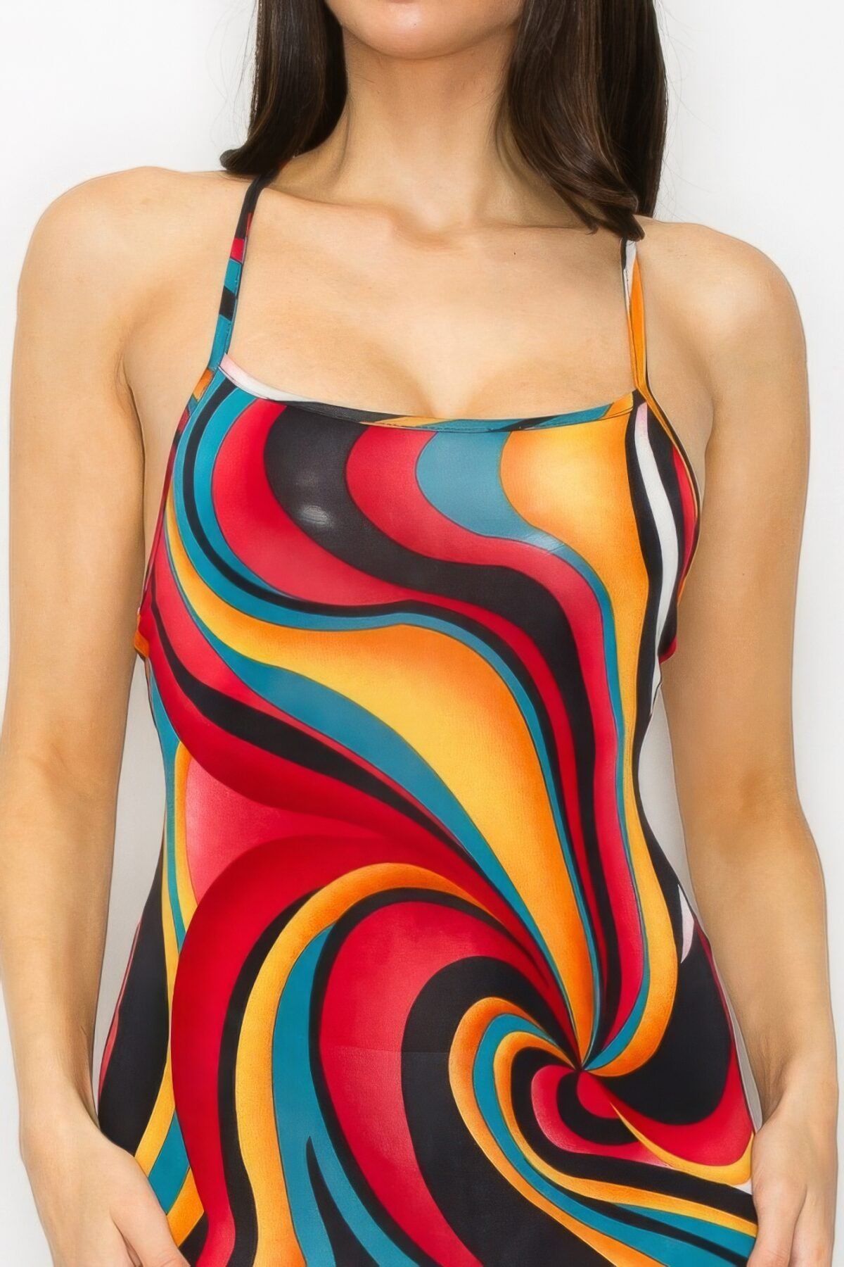 Crossed Back Marble Print Multicolor Midi Dress - Image 3