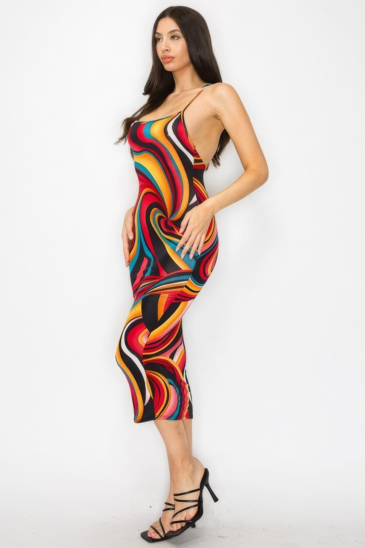 Crossed Back Marble Print Multicolor Midi Dress - Image 4