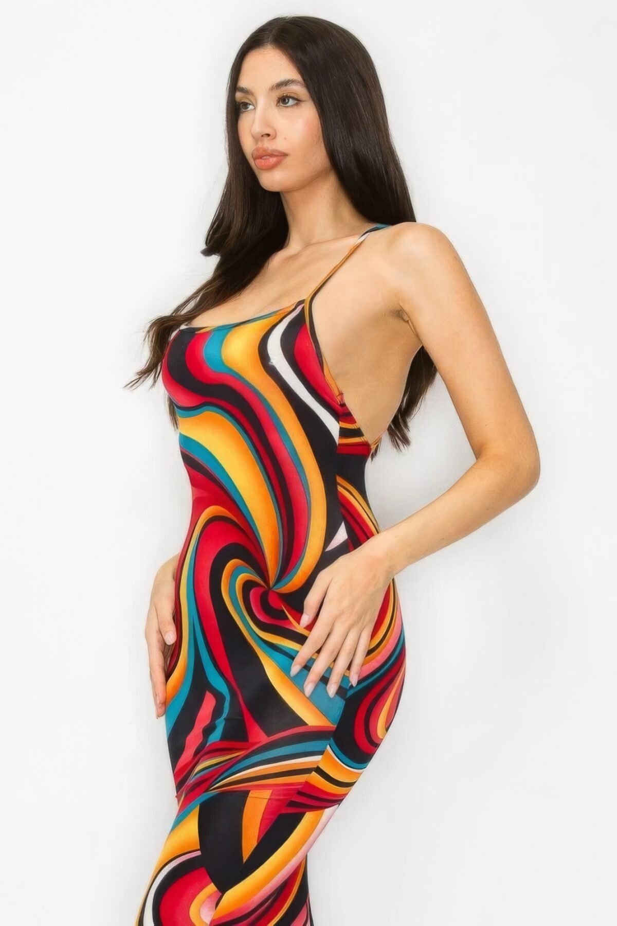 Crossed Back Marble Print Multicolor Midi Dress - Image 5