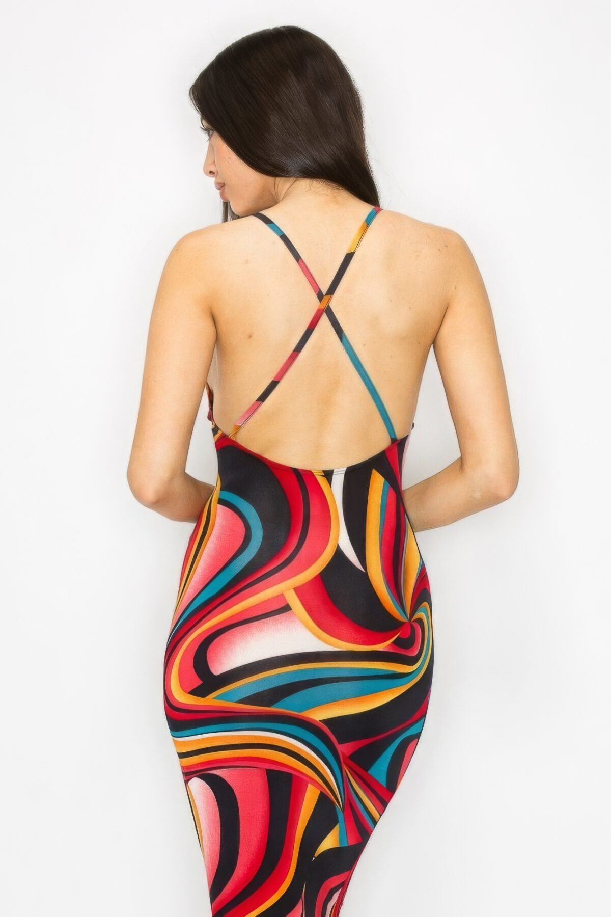 Crossed Back Marble Print Multicolor Midi Dress - Image 6