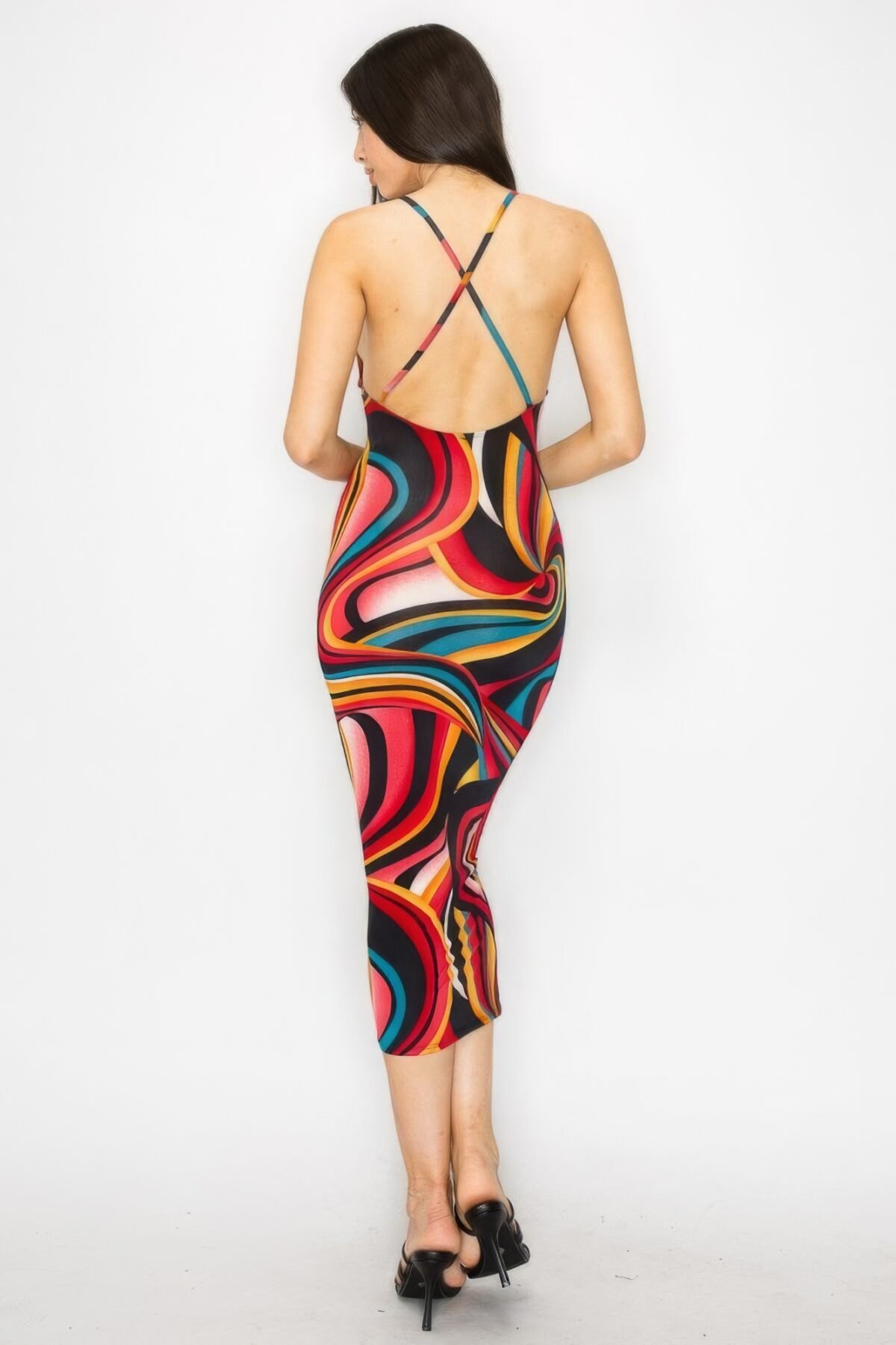 Crossed Back Marble Print Multicolor Midi Dress - Image 7