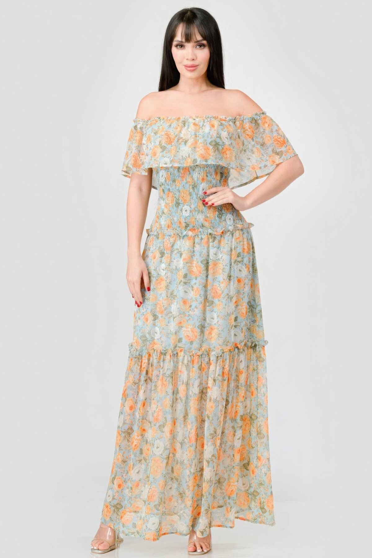 Floral Chiffon Off Shoulder Smocked Back Ruffled Tiered Maxi Dress - Image 1
