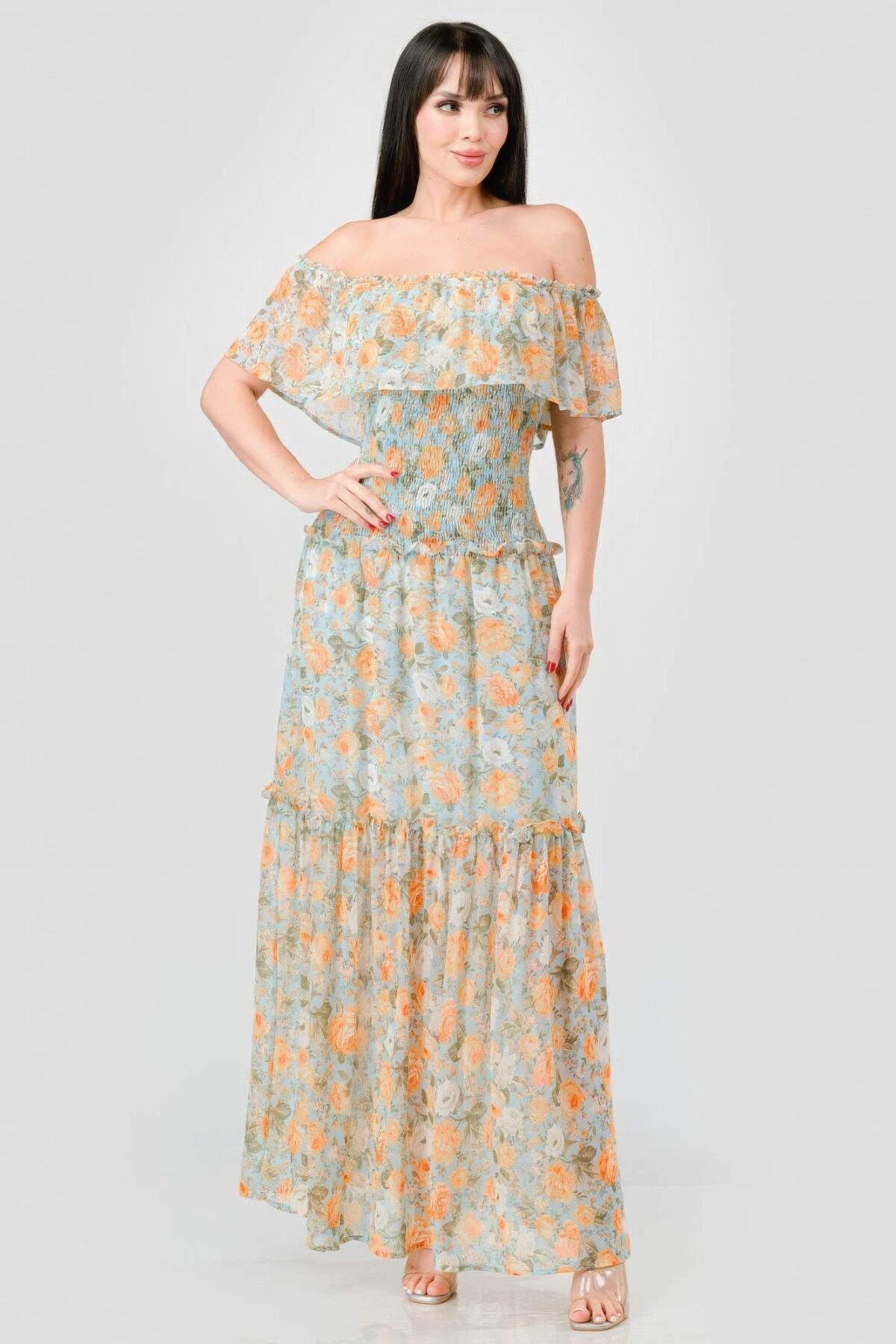 Floral Chiffon Off Shoulder Smocked Back Ruffled Tiered Maxi Dress - Image 2