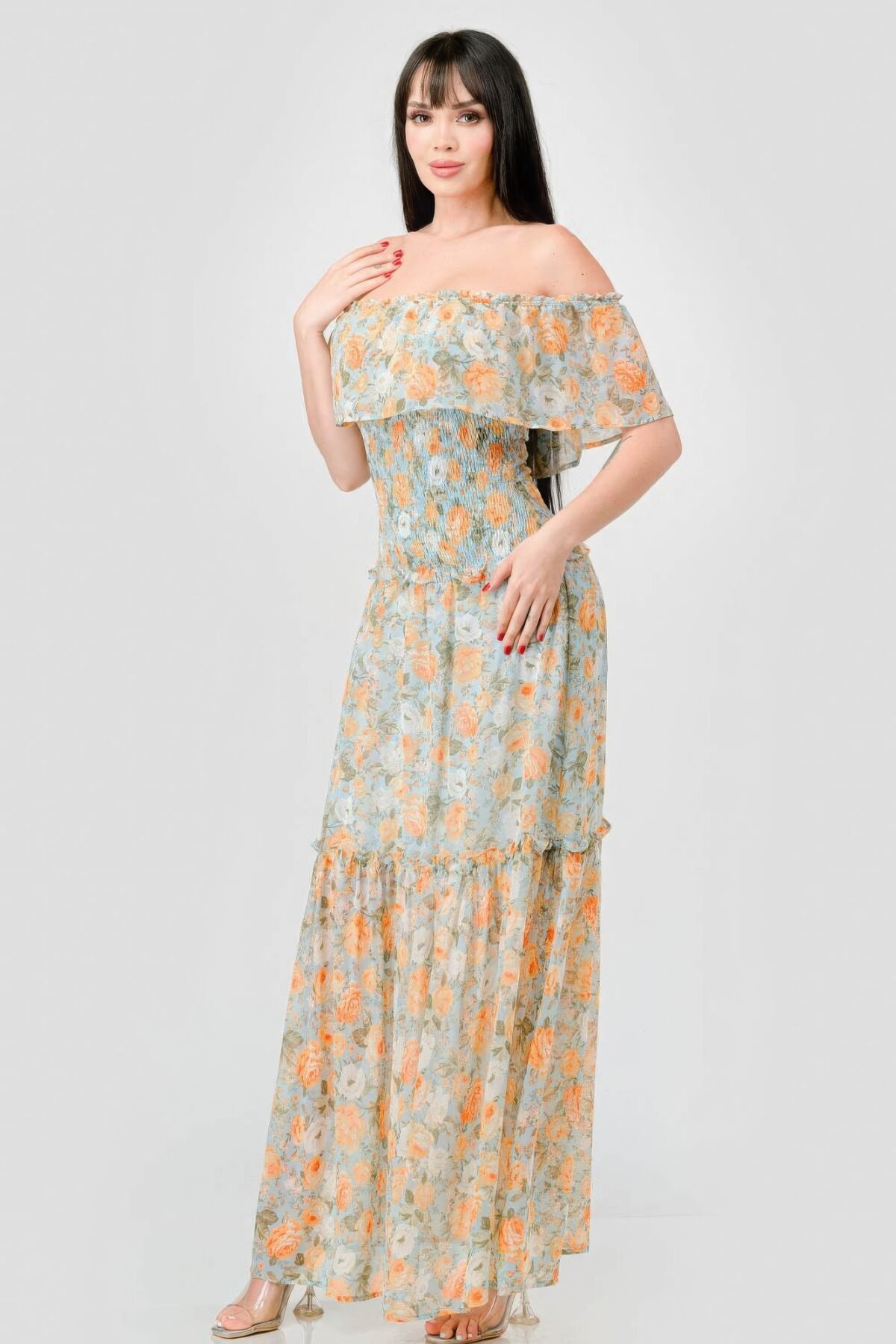 Floral Chiffon Off Shoulder Smocked Back Ruffled Tiered Maxi Dress - Image 3