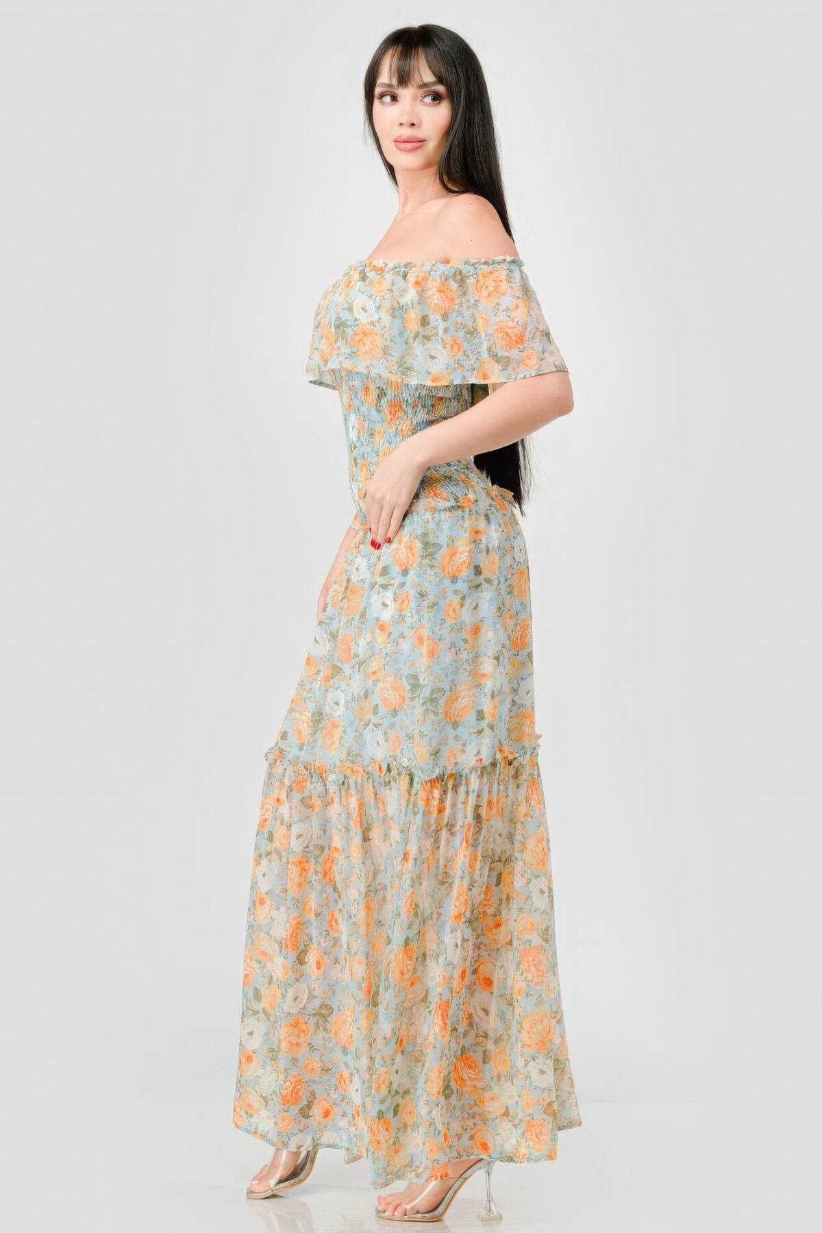 Floral Chiffon Off Shoulder Smocked Back Ruffled Tiered Maxi Dress - Image 4