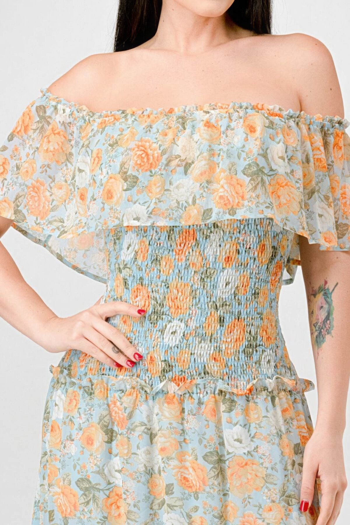 Floral Chiffon Off Shoulder Smocked Back Ruffled Tiered Maxi Dress - Image 5