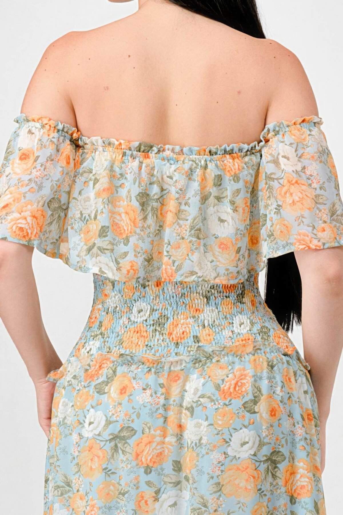 Floral Chiffon Off Shoulder Smocked Back Ruffled Tiered Maxi Dress - Image 7