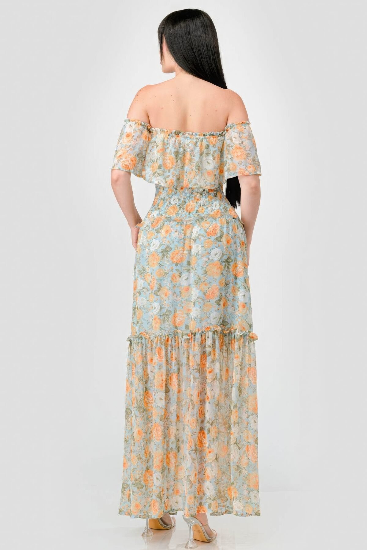 Floral Chiffon Off Shoulder Smocked Back Ruffled Tiered Maxi Dress - Image 8