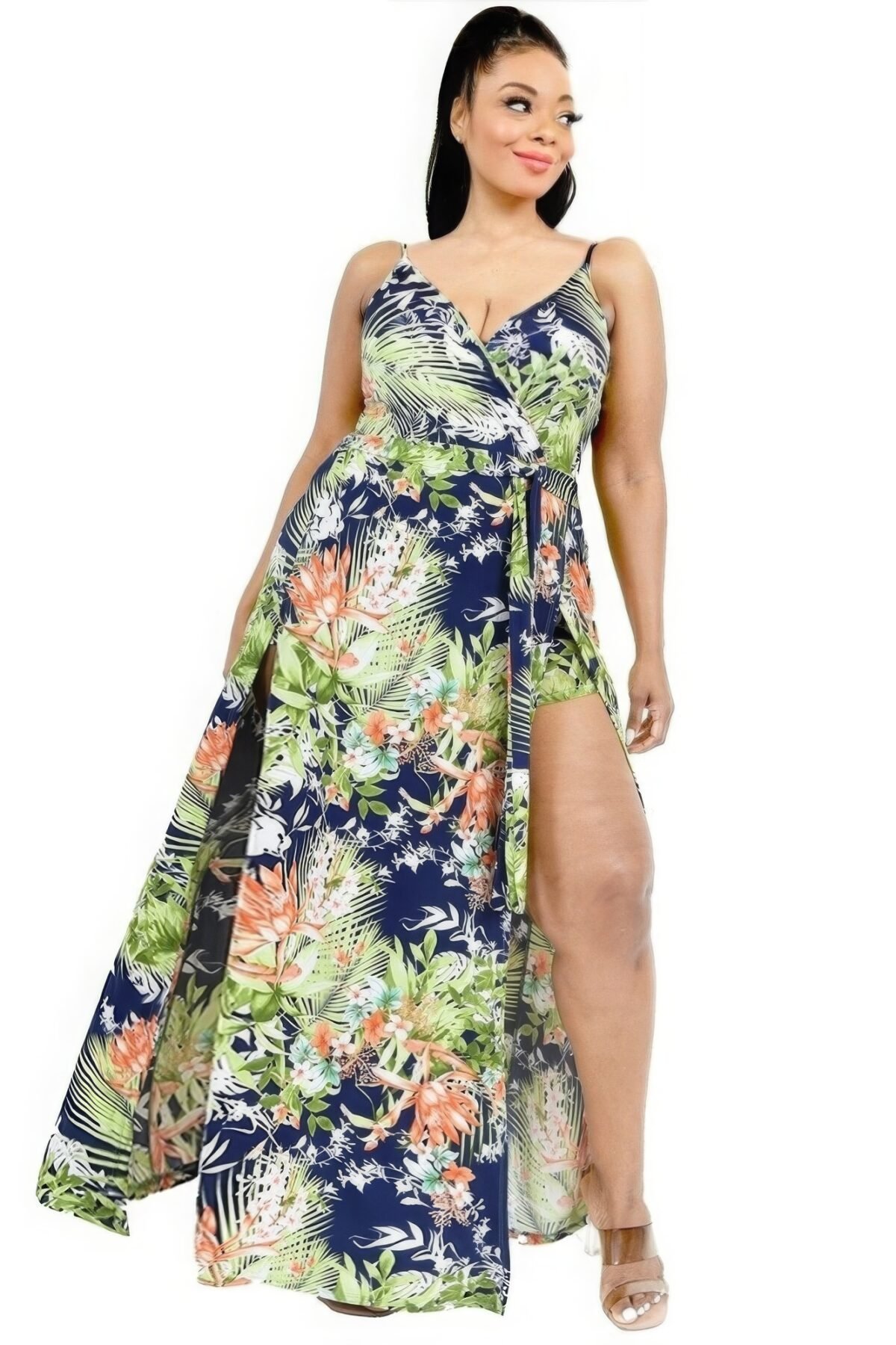 Plus Tropical Leaf Print Surplice Maxi Dress - Image 1