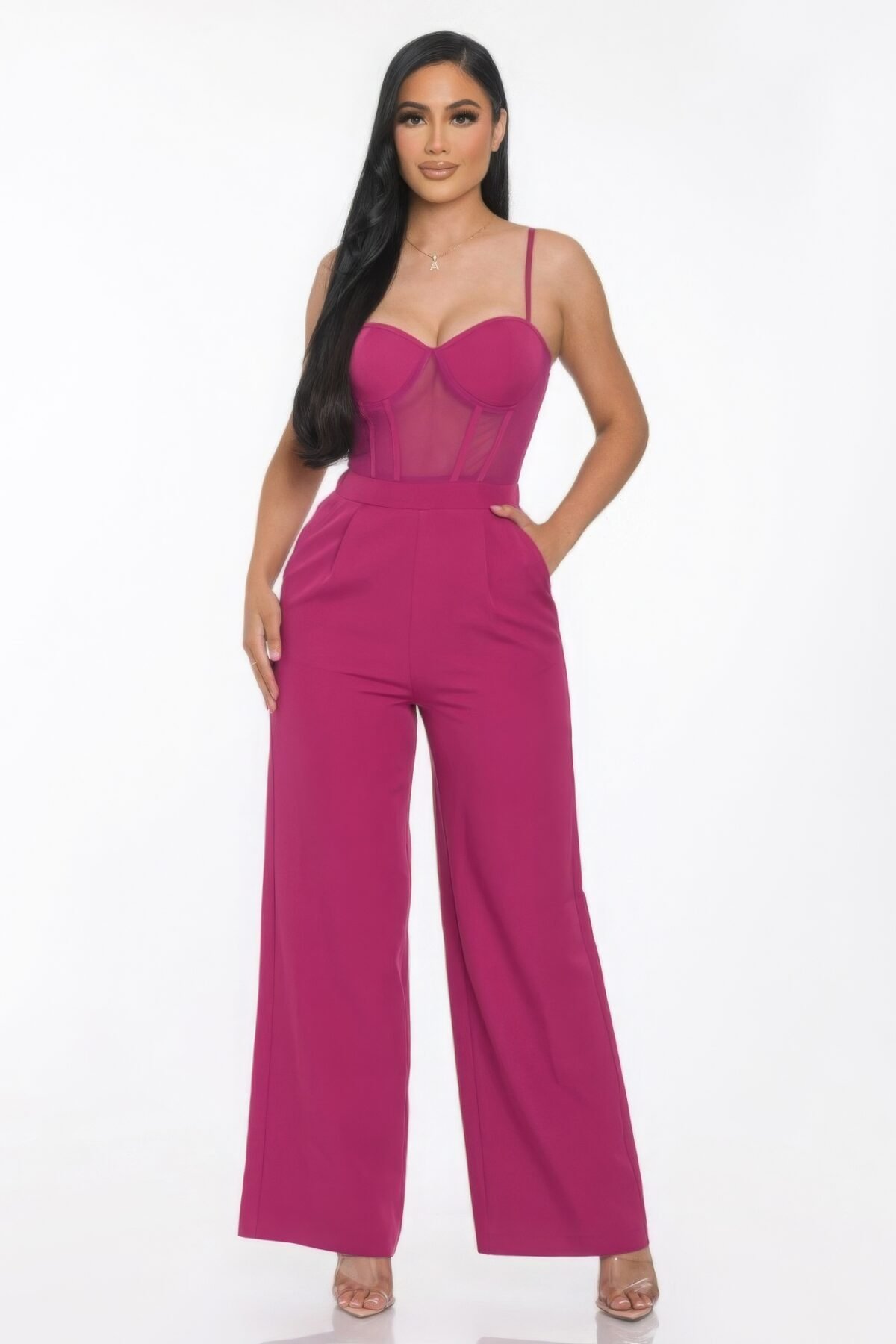 Mesh Insert Cup Wide Leg Jumpsuit - Image 1