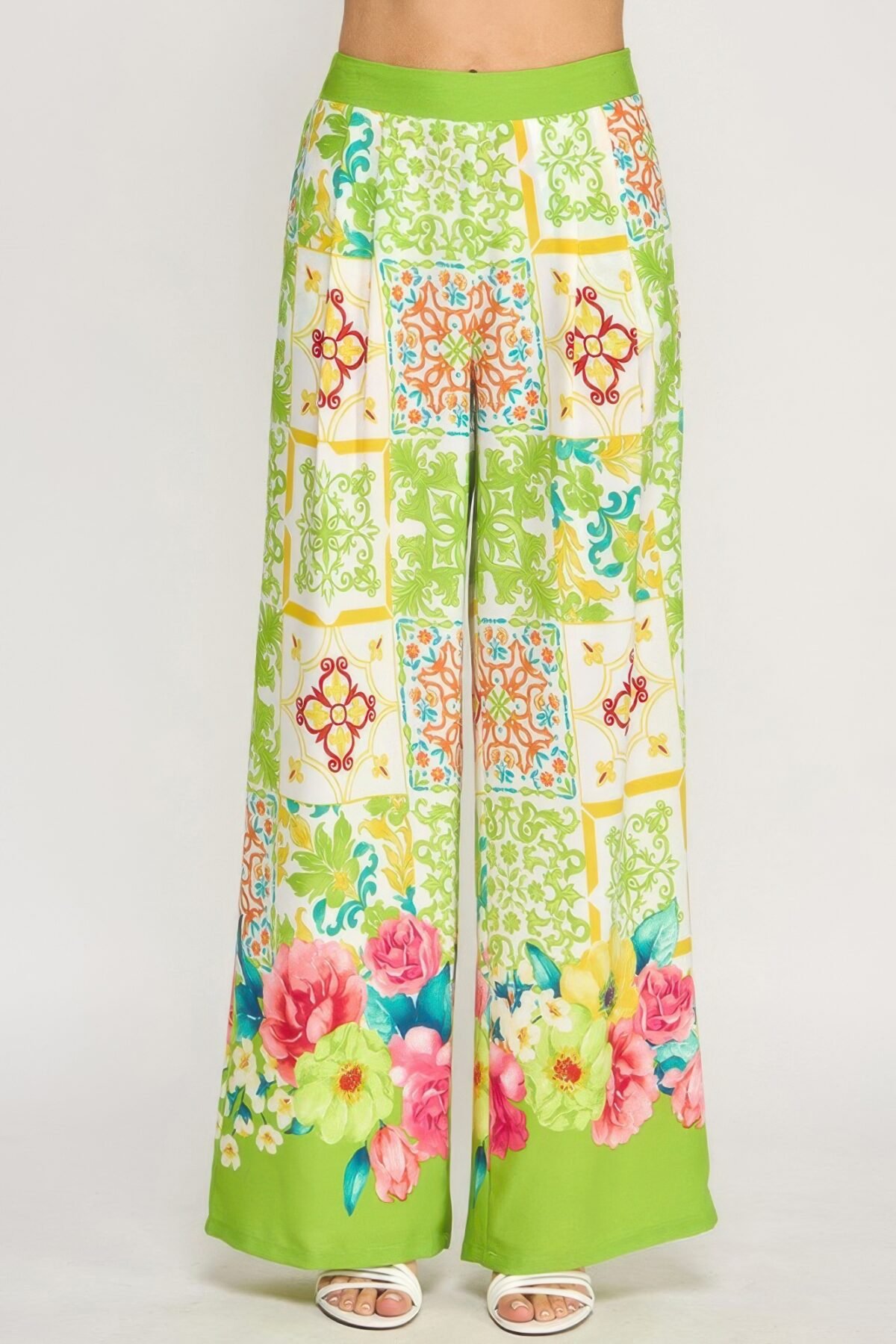 Printed Wide Leg Pants With Elastic Back - Image 1