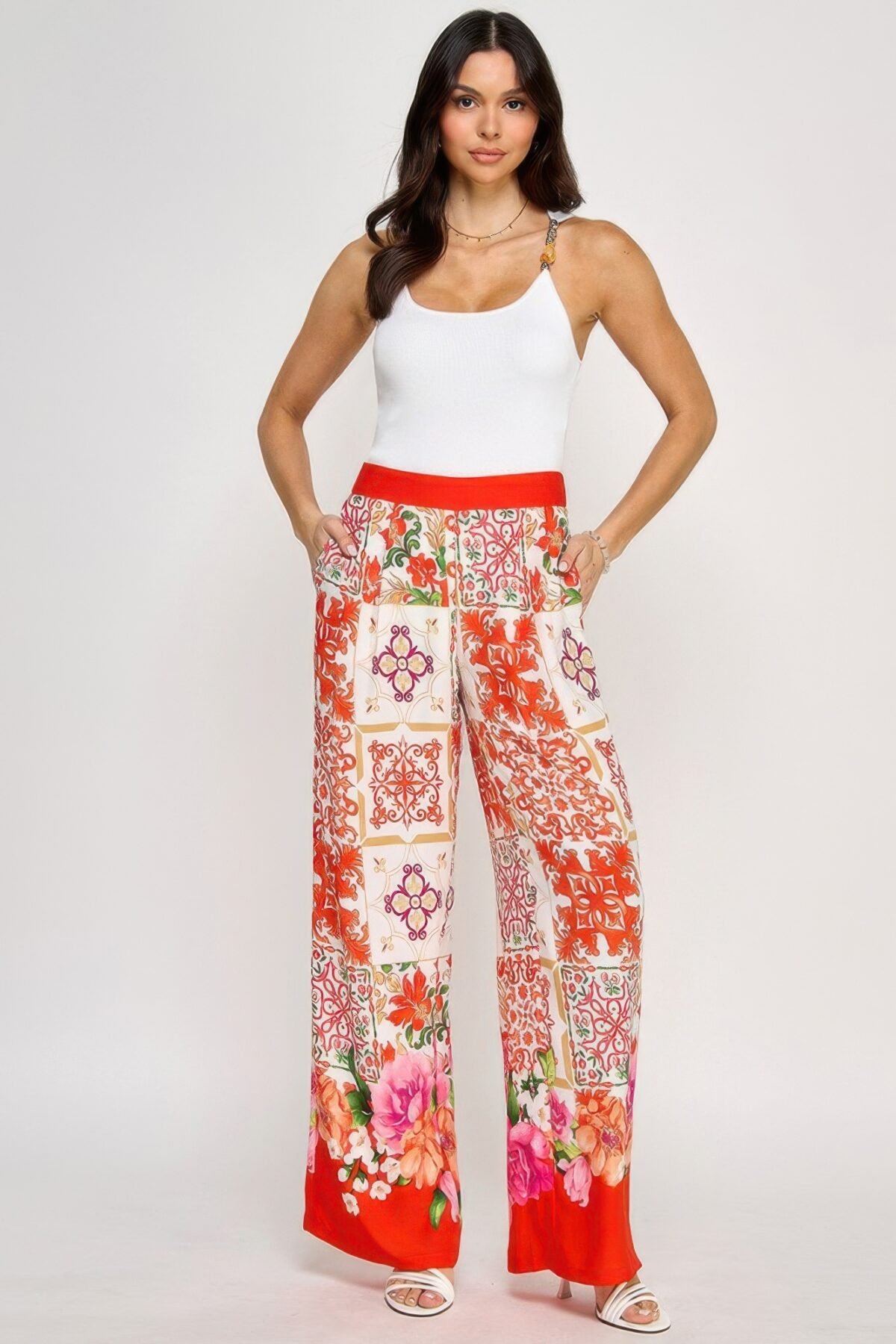 Printed Wide Leg Pants With Elastic Back - Image 2