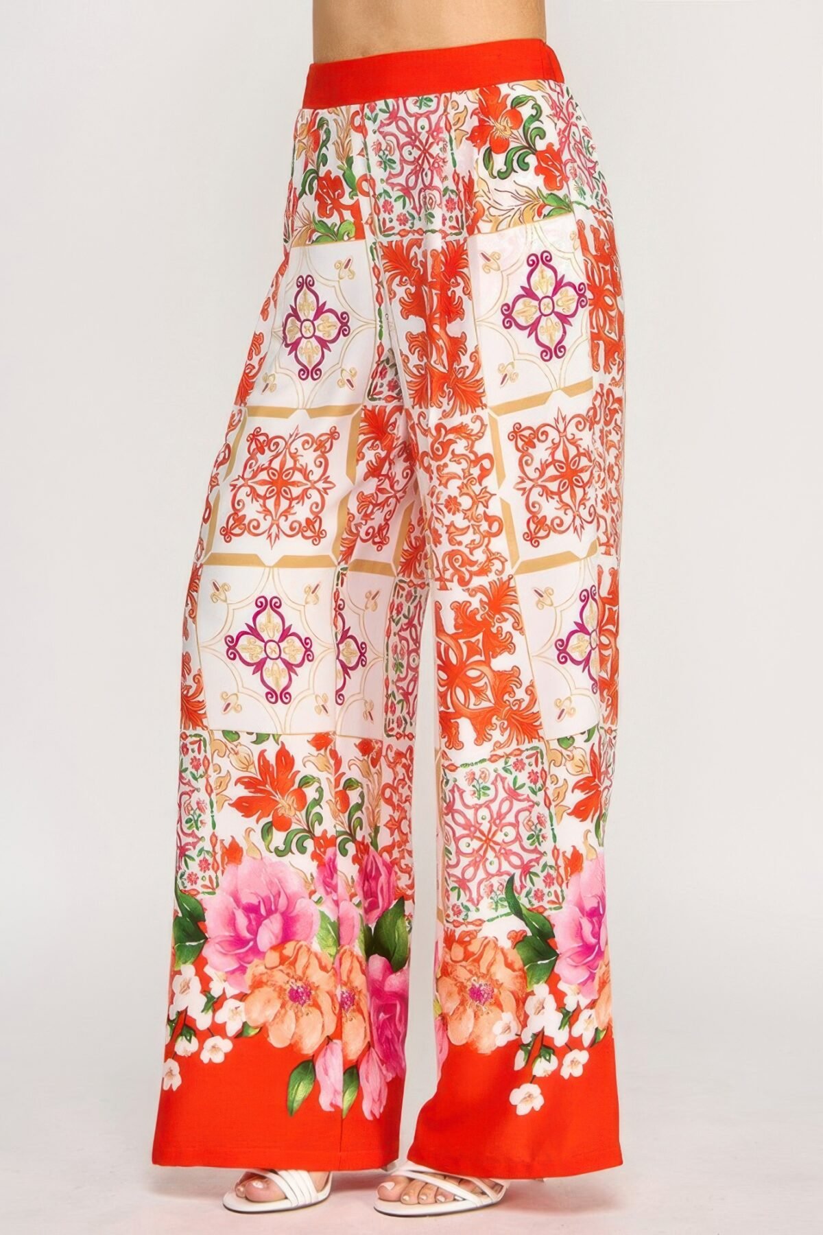 Printed Wide Leg Pants With Elastic Back - Image 3