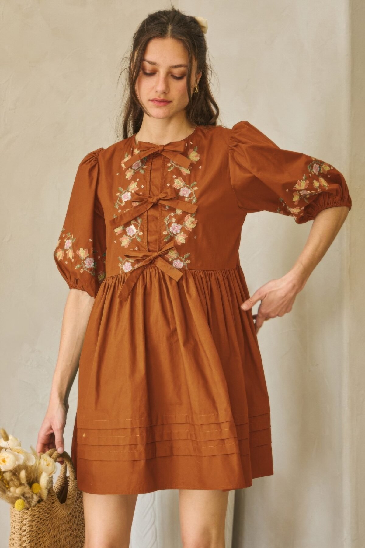 Poplin Front Ribbon Tie Baby Doll Dress - Image 1