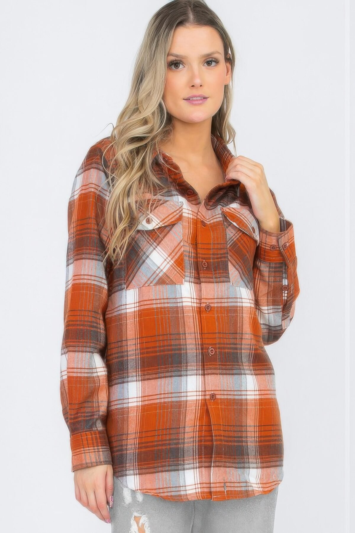 Womens Boyfriend Long Sleeve Checkered Flannel - Image 1