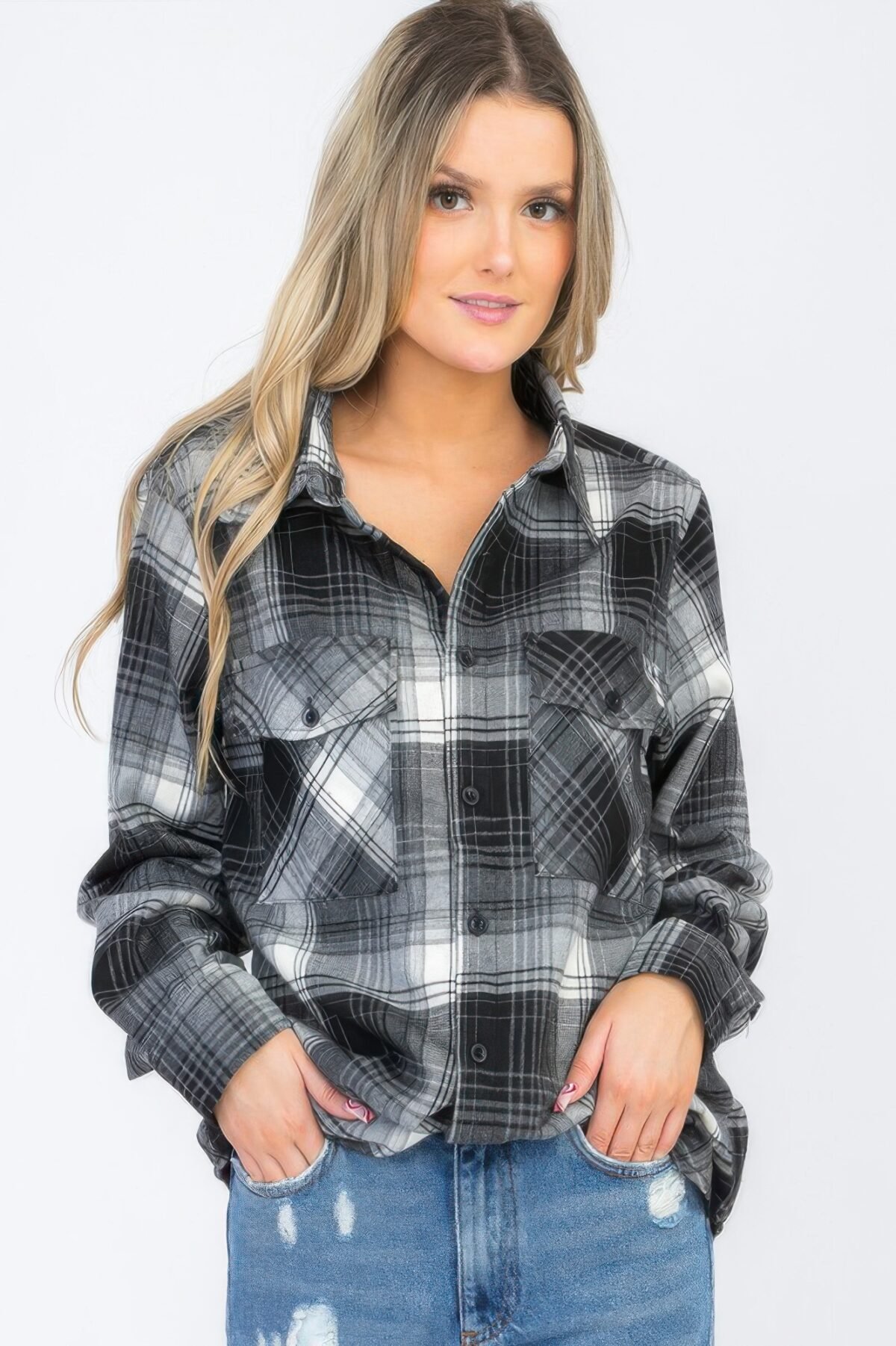 Womens Boyfriend Long Sleeve Checkered Flannel - Image 8