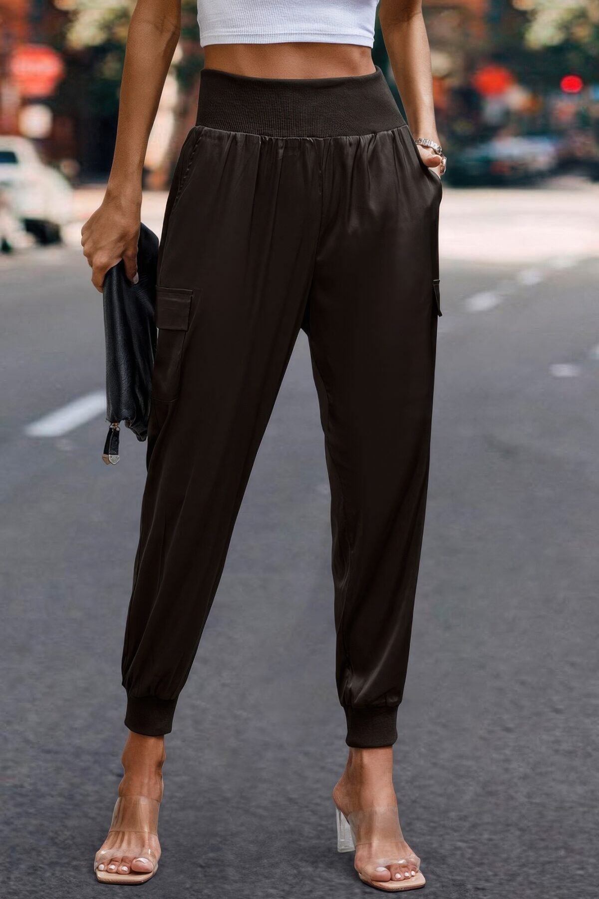 High Waist Trousers Pocket Satin Jogger Pants - Image 1