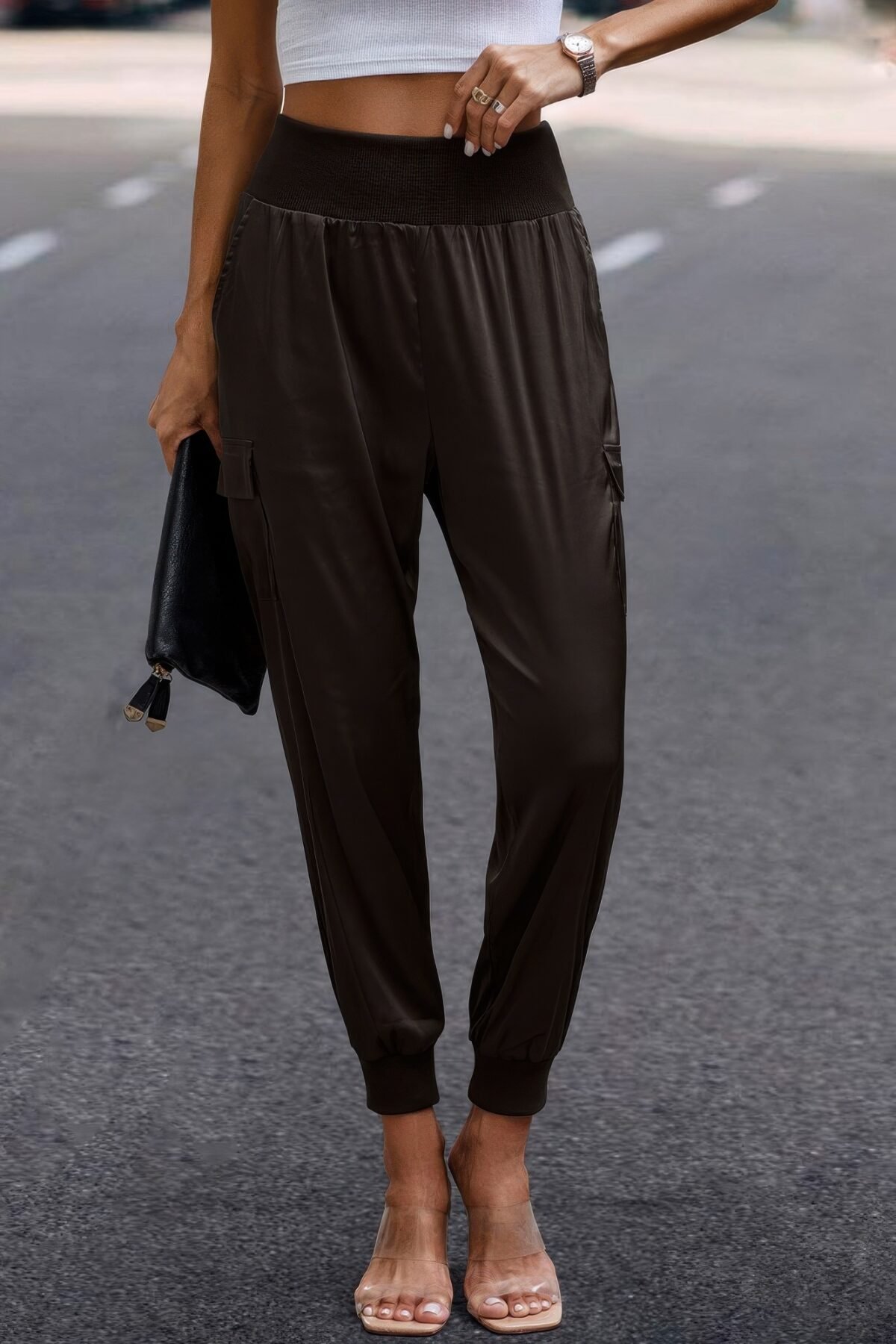 High Waist Trousers Pocket Satin Jogger Pants - Image 2