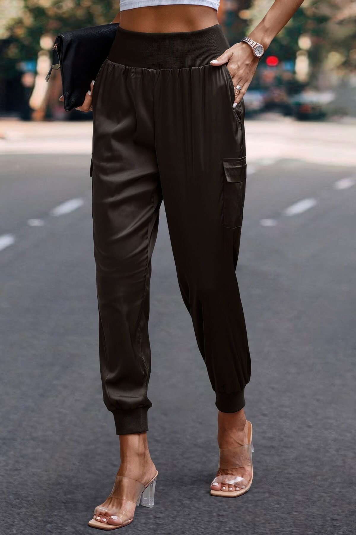 High Waist Trousers Pocket Satin Jogger Pants - Image 3