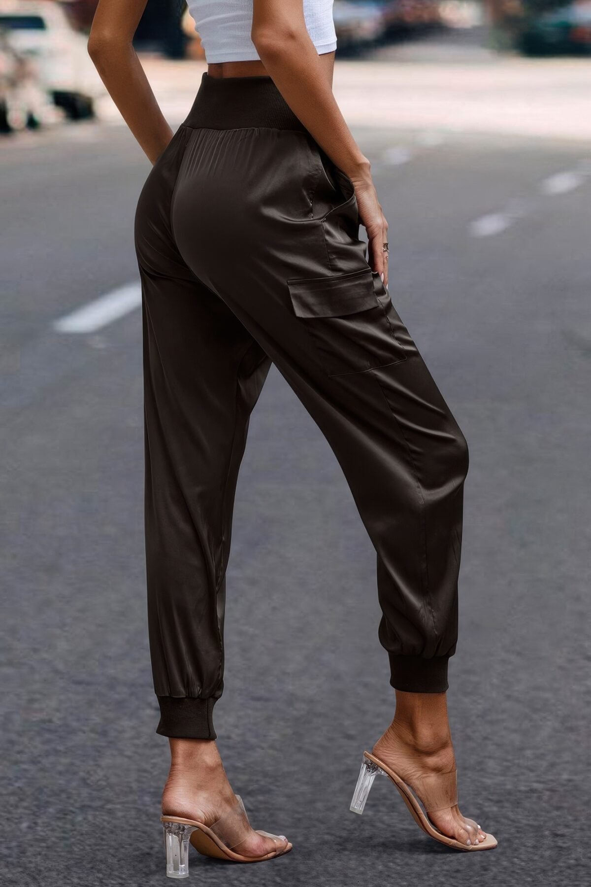 High Waist Trousers Pocket Satin Jogger Pants - Image 4