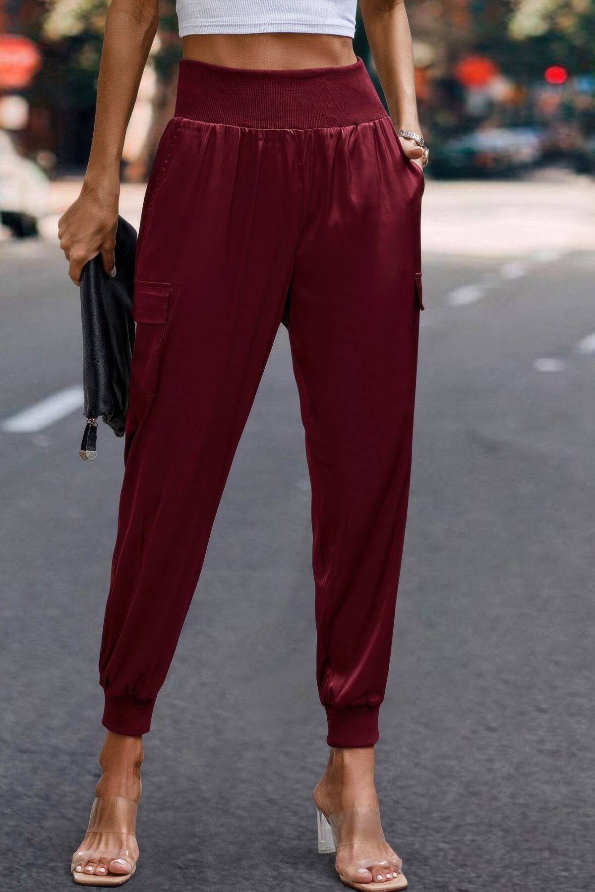 High Waist Trousers Pocket Satin Jogger Pants - Image 5