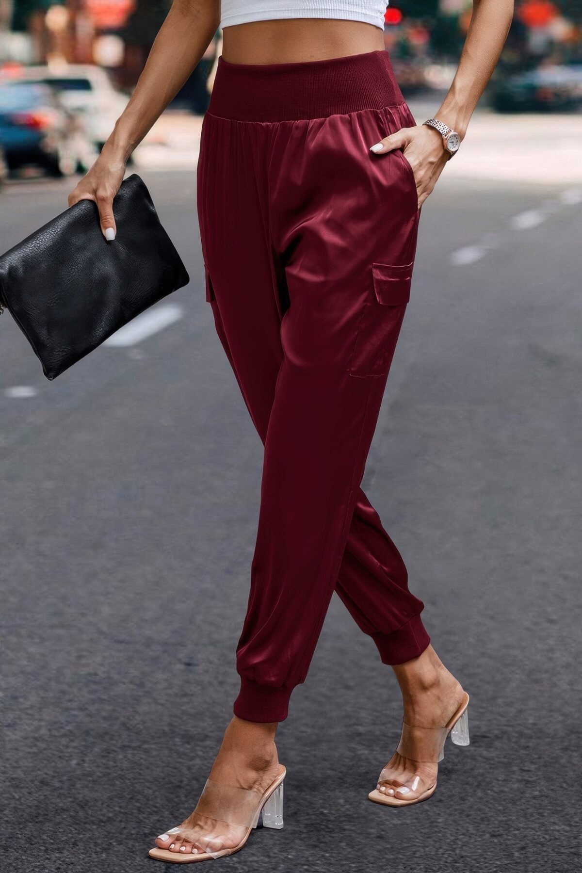 High Waist Trousers Pocket Satin Jogger Pants - Image 6