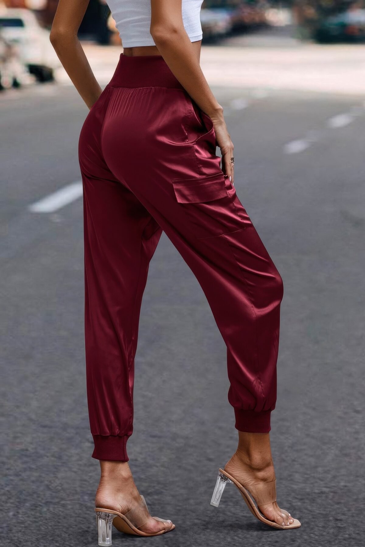 High Waist Trousers Pocket Satin Jogger Pants - Image 7
