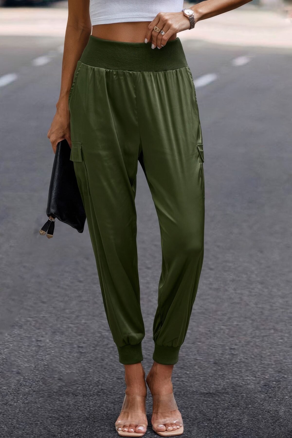 High Waist Trousers Pocket Satin Jogger Pants - Image 8