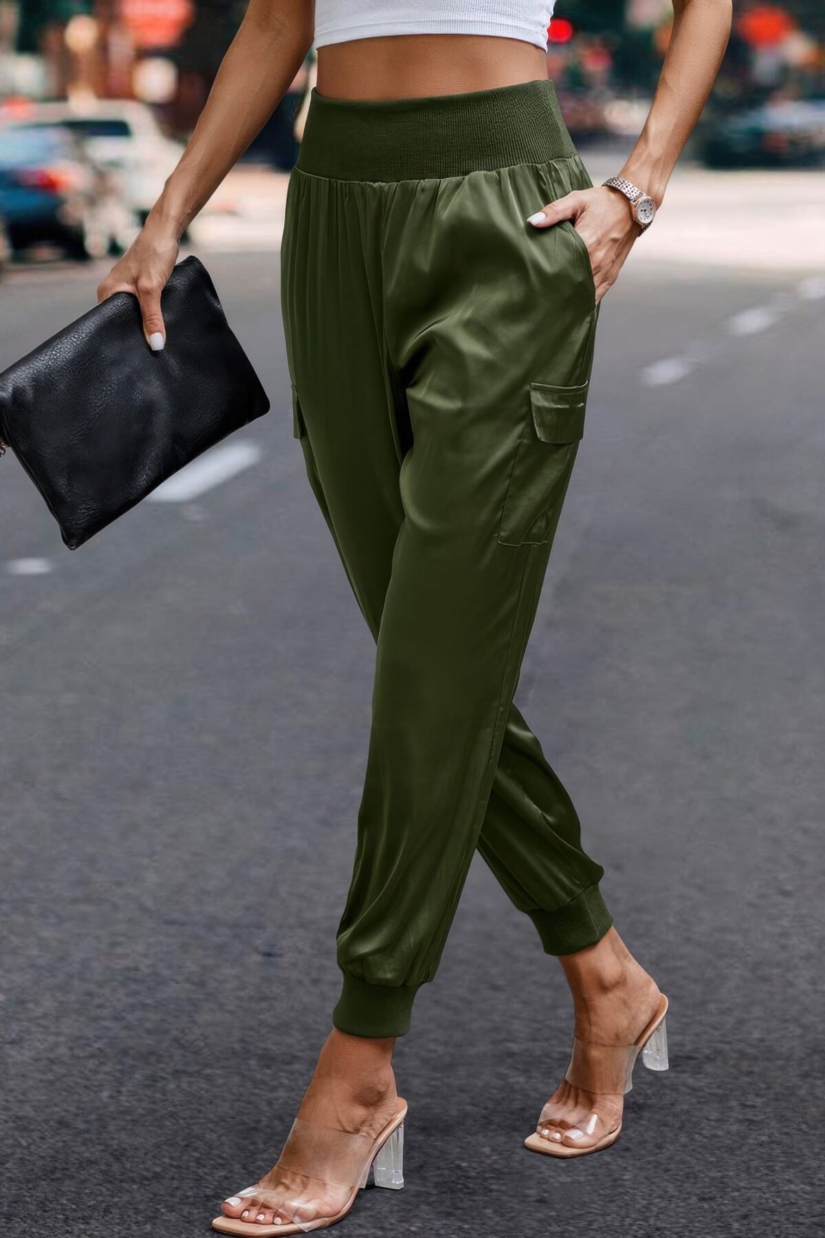 High Waist Trousers Pocket Satin Jogger Pants - Image 9