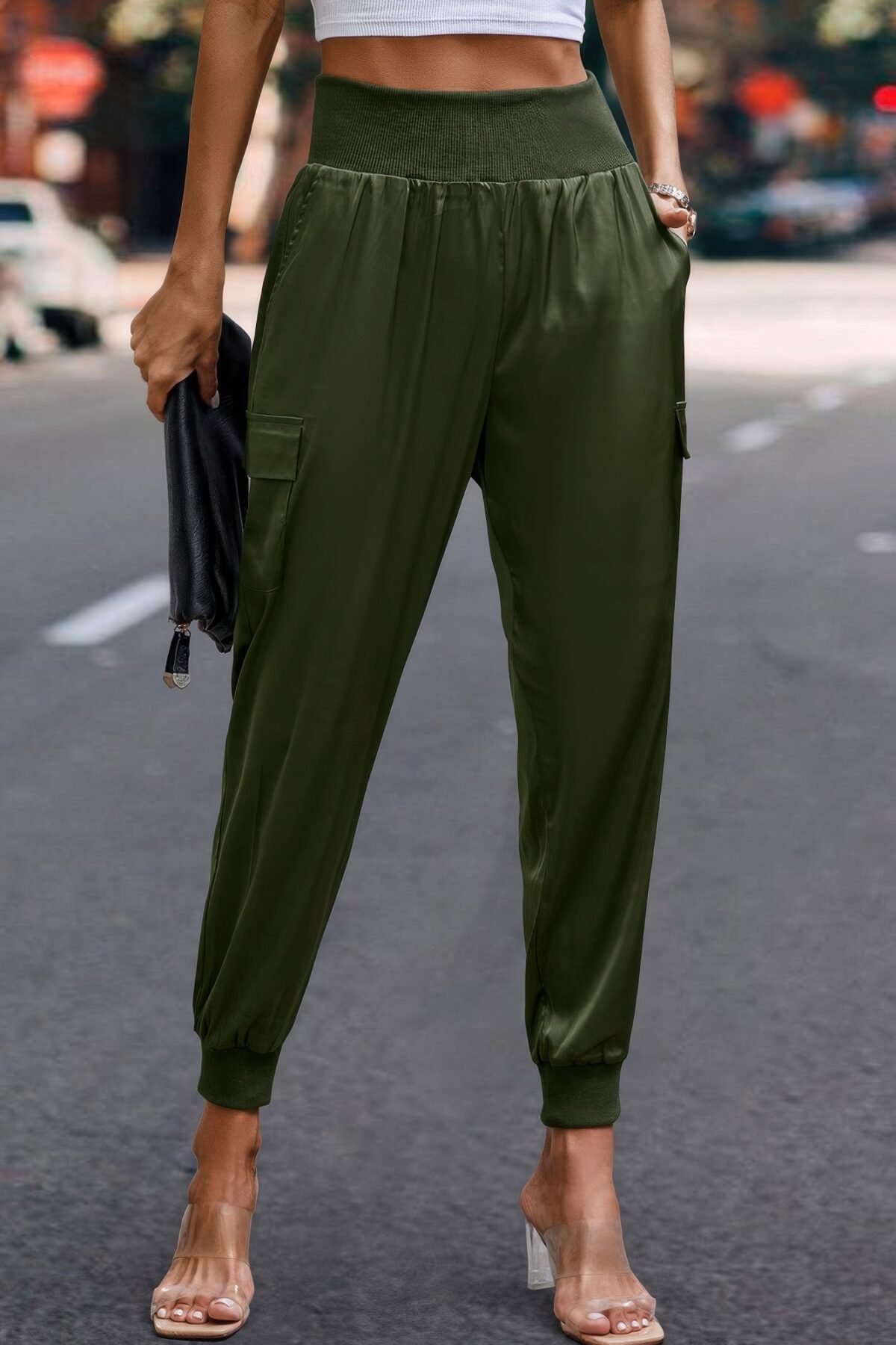 High Waist Trousers Pocket Satin Jogger Pants - Image 10