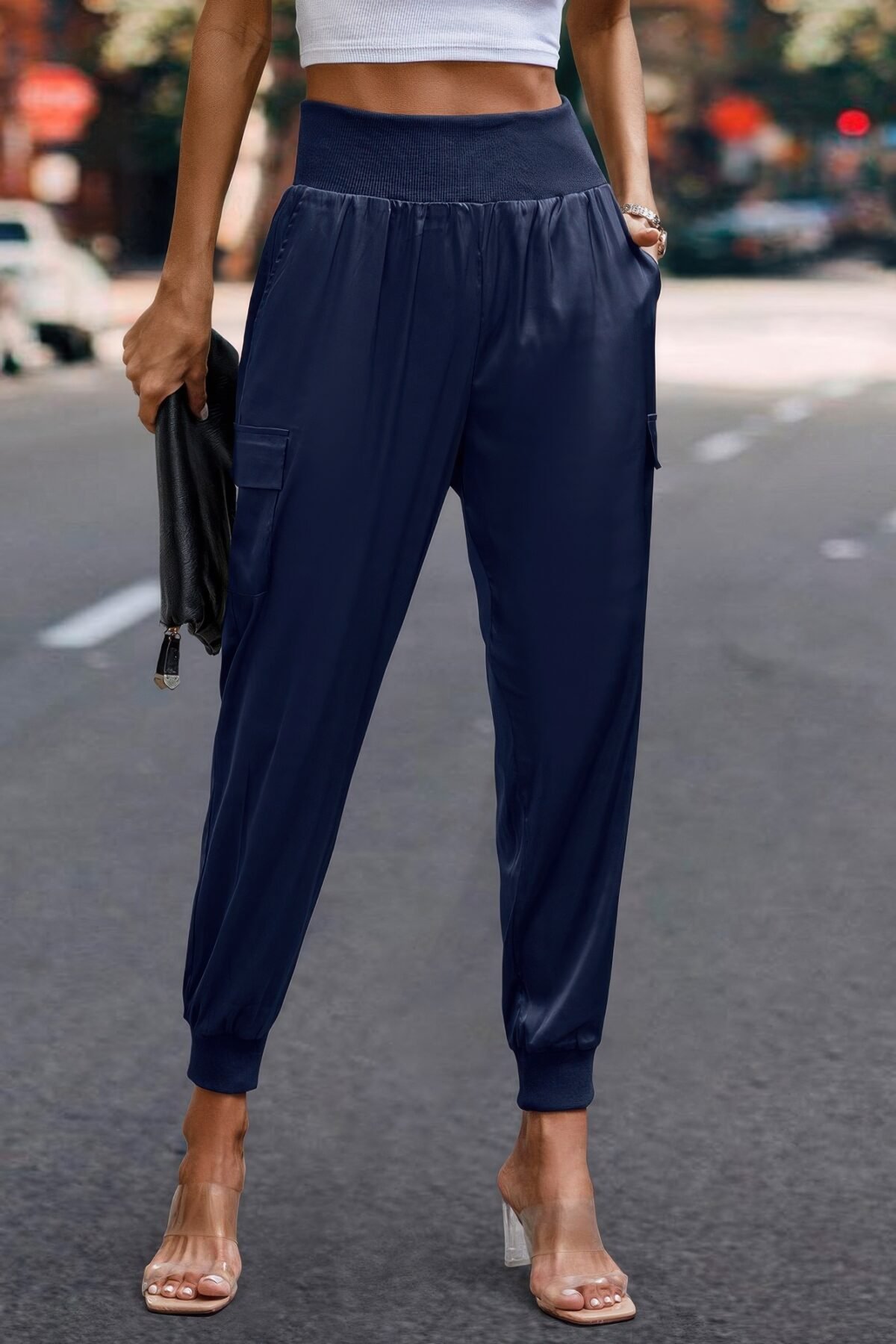 High Waist Trousers Pocket Satin Jogger Pants - Image 12
