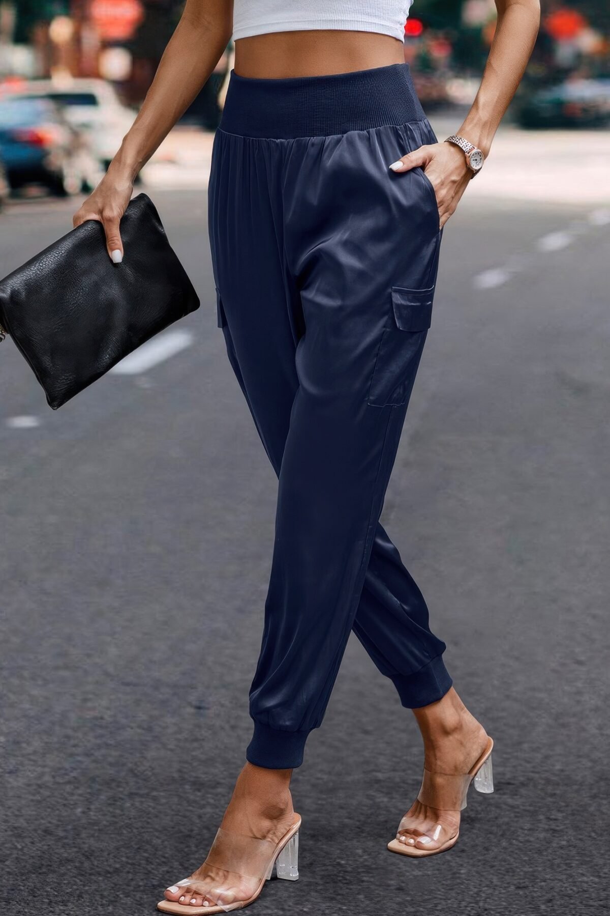 High Waist Trousers Pocket Satin Jogger Pants - Image 13