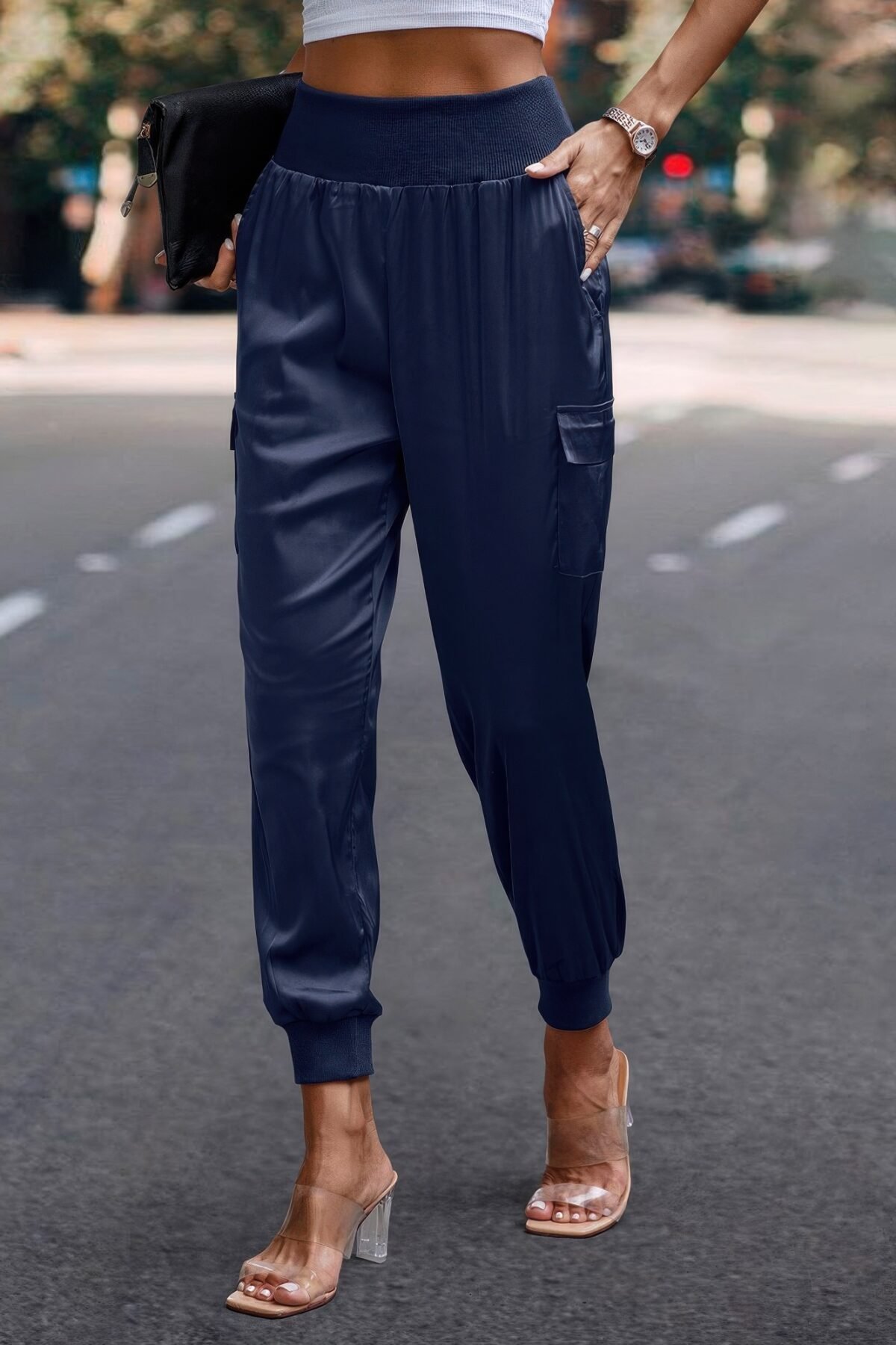 High Waist Trousers Pocket Satin Jogger Pants - Image 14
