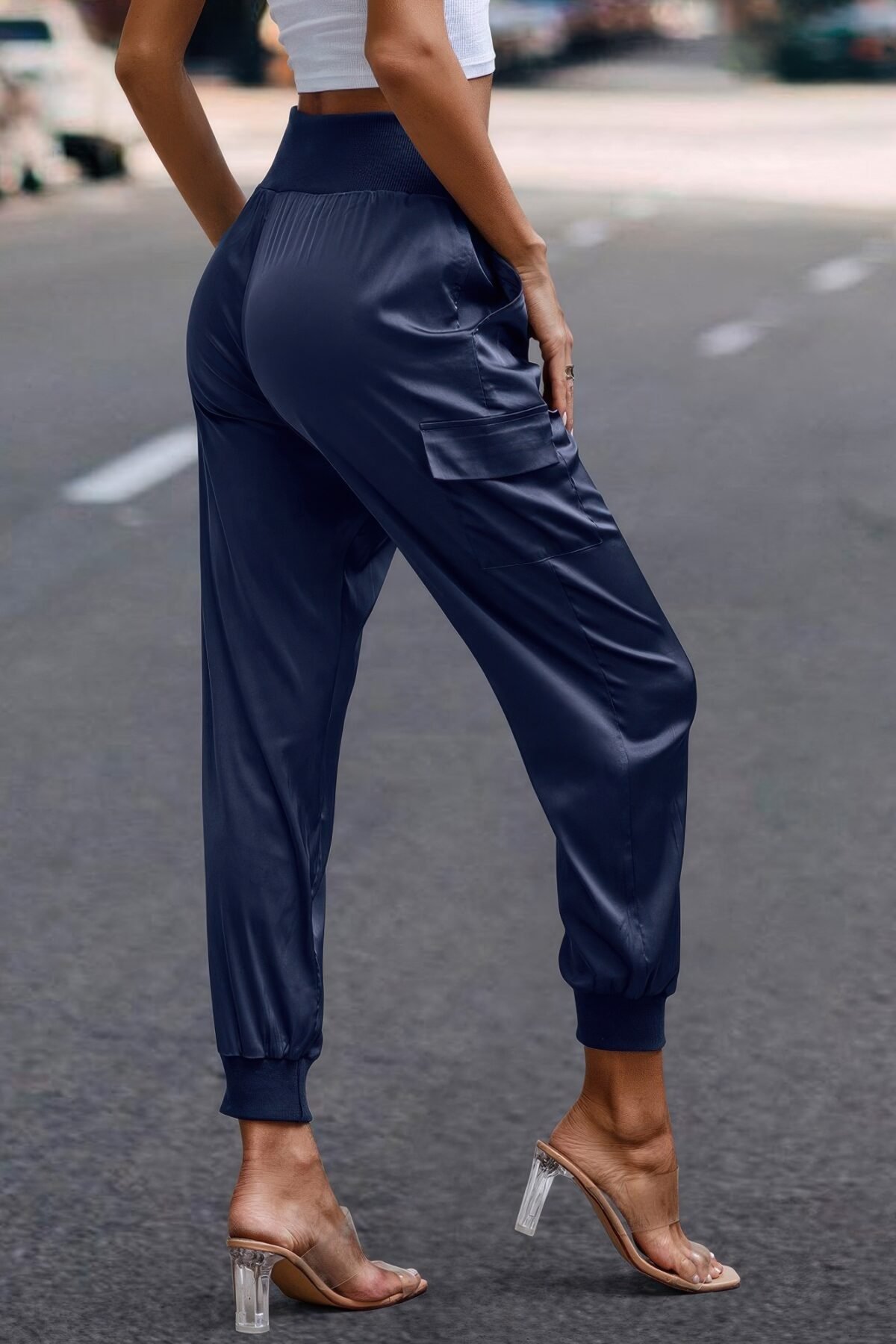 High Waist Trousers Pocket Satin Jogger Pants - Image 15