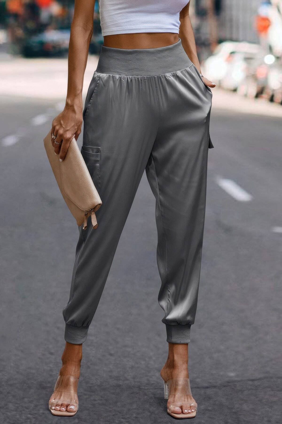 High Waist Trousers Pocket Satin Jogger Pants - Image 16