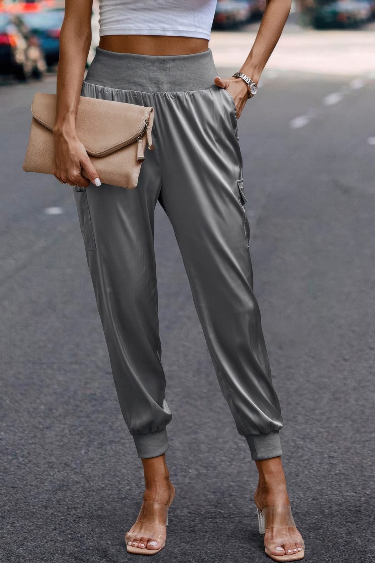 High Waist Trousers Pocket Satin Jogger Pants - Image 17