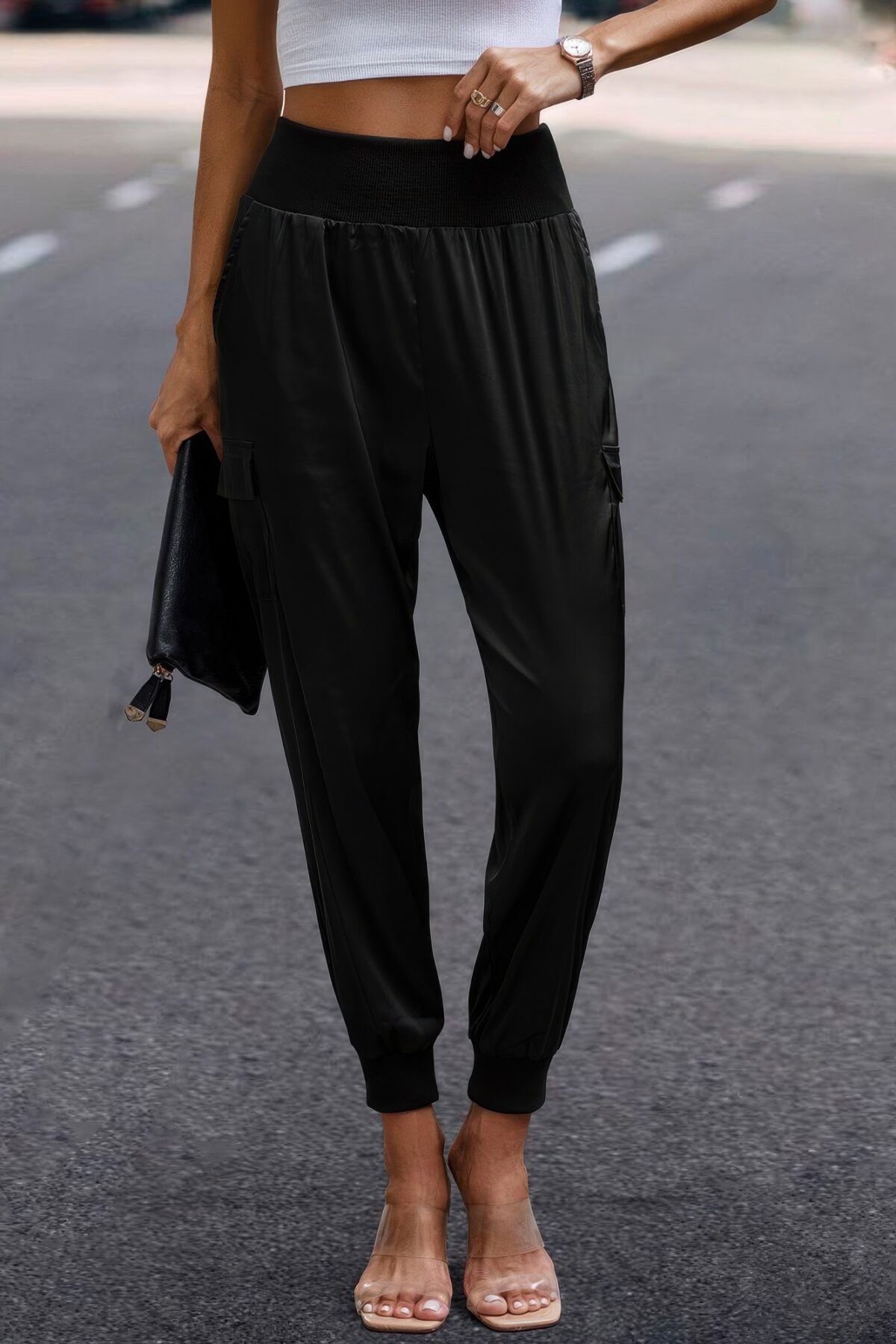 High Waist Trousers Pocket Satin Jogger Pants - Image 19