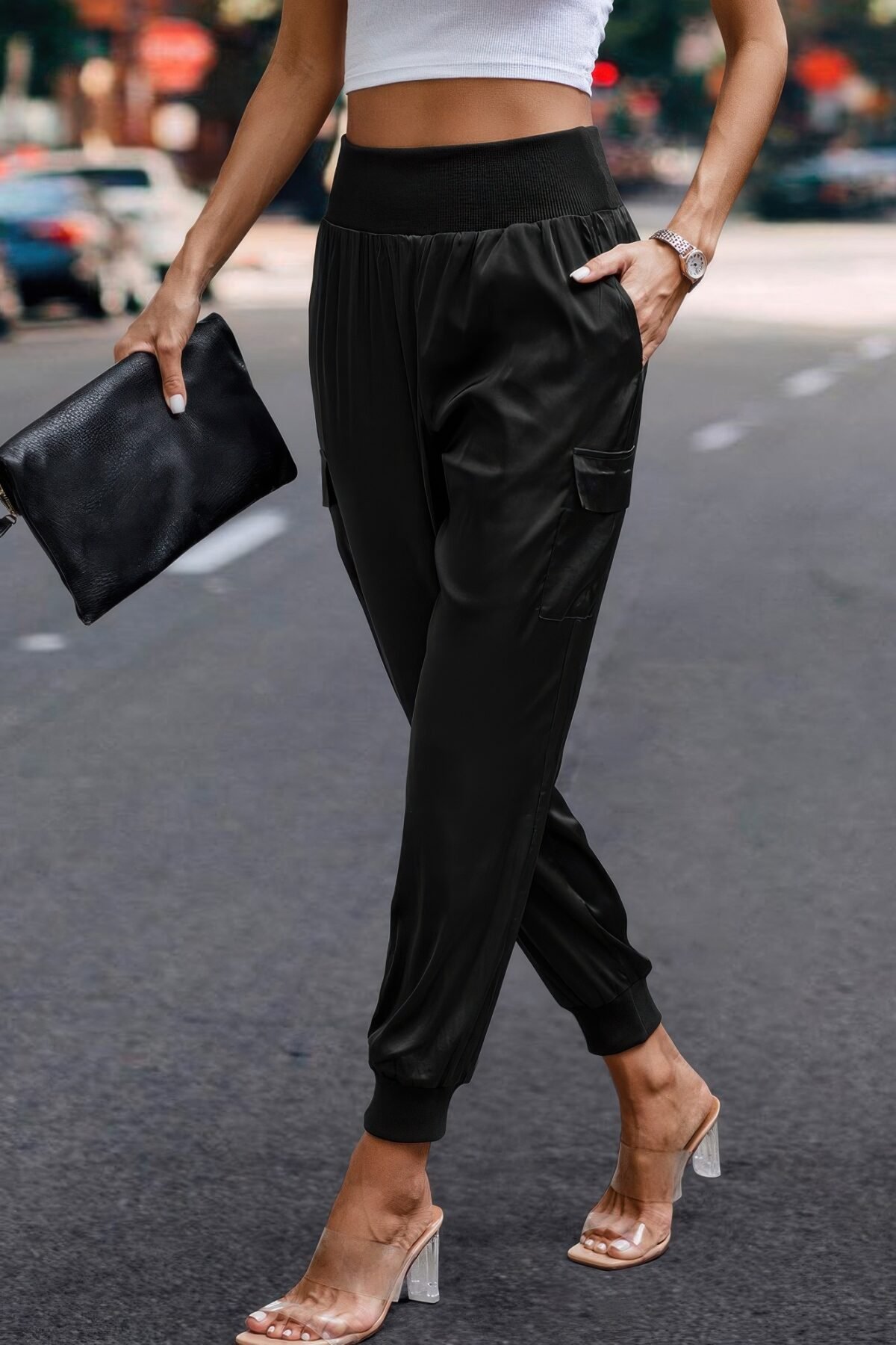 High Waist Trousers Pocket Satin Jogger Pants - Image 20