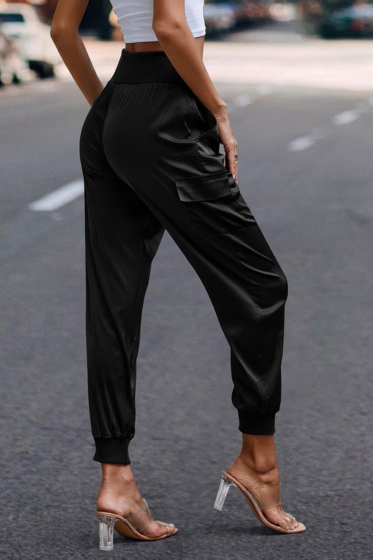 High Waist Trousers Pocket Satin Jogger Pants - Image 21