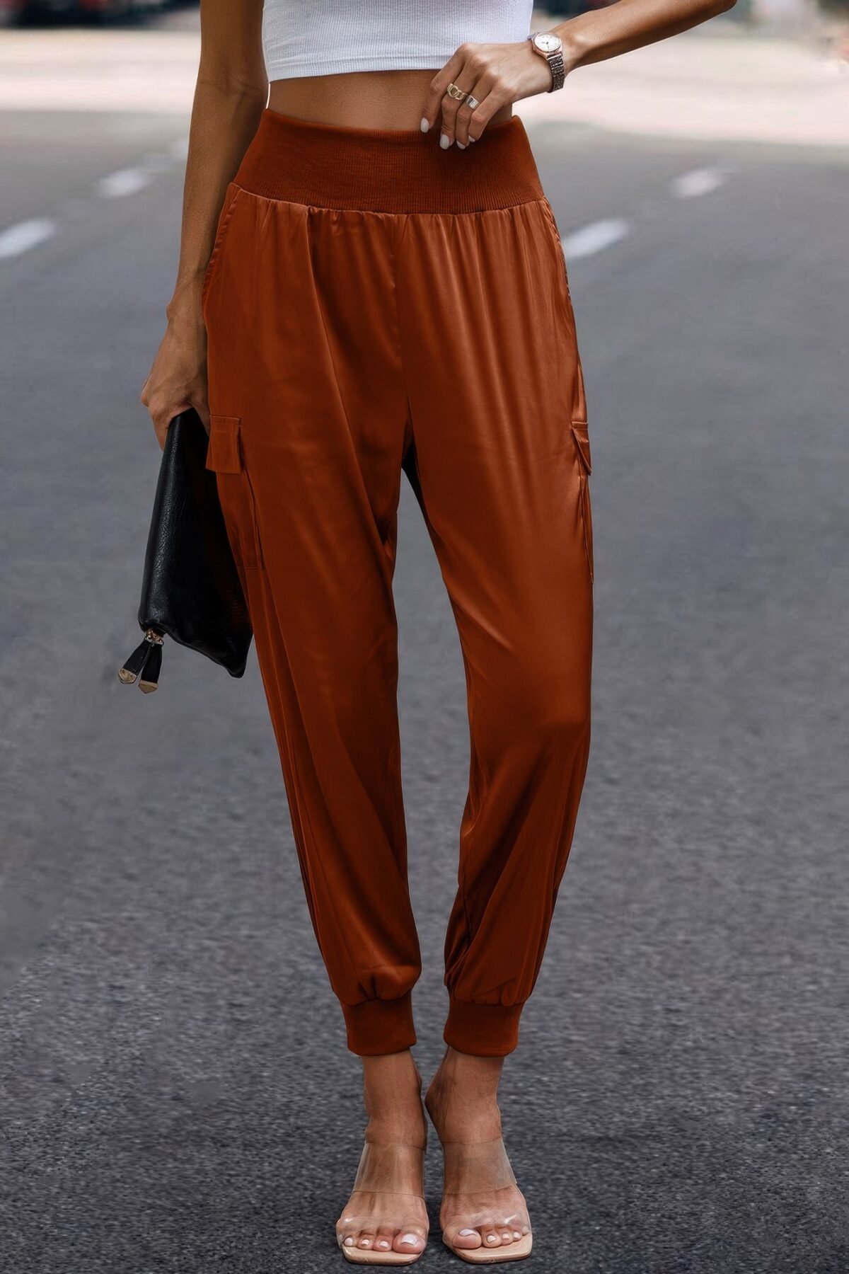 High Waist Trousers Pocket Satin Jogger Pants - Image 22
