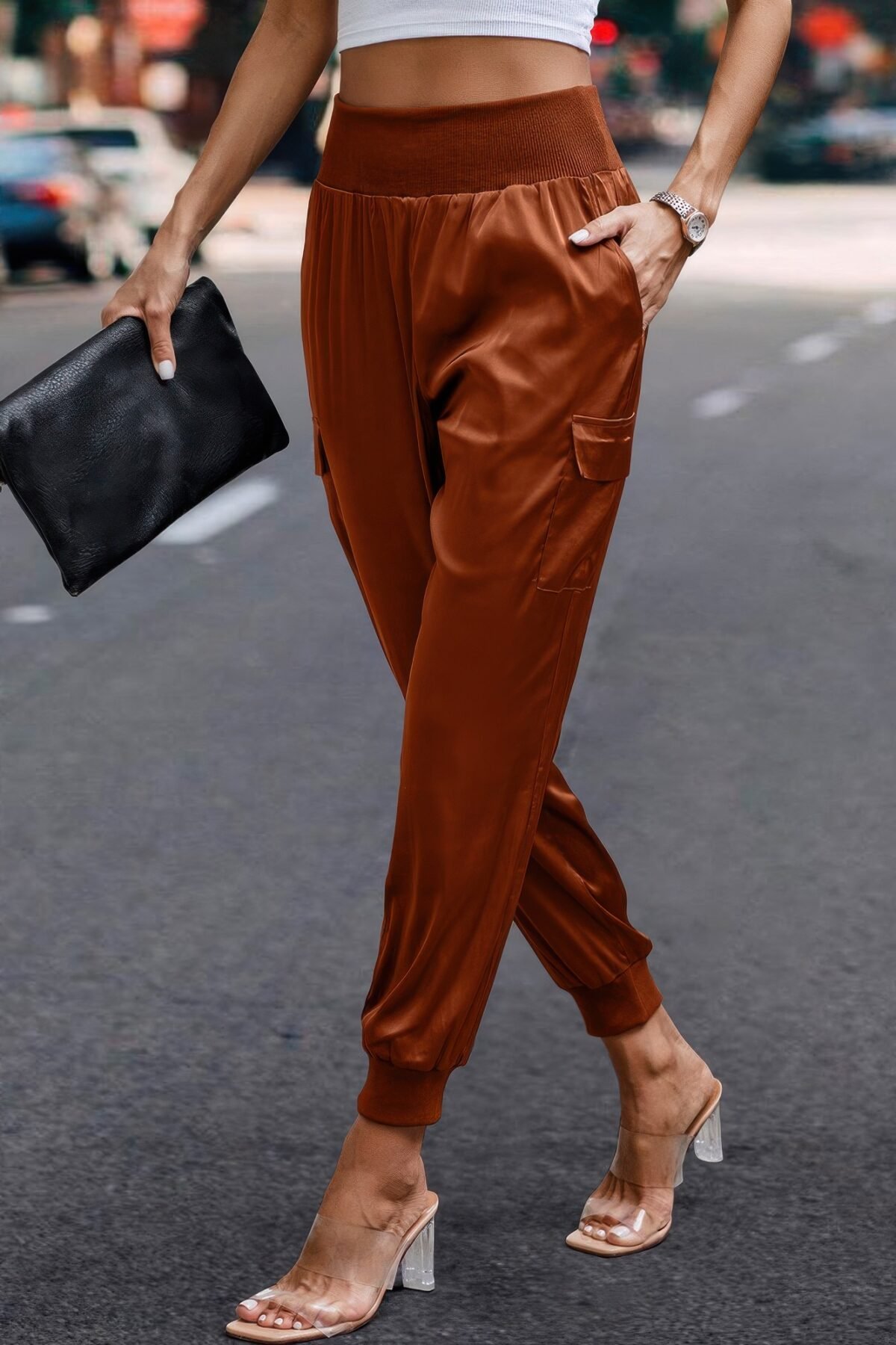 High Waist Trousers Pocket Satin Jogger Pants - Image 23