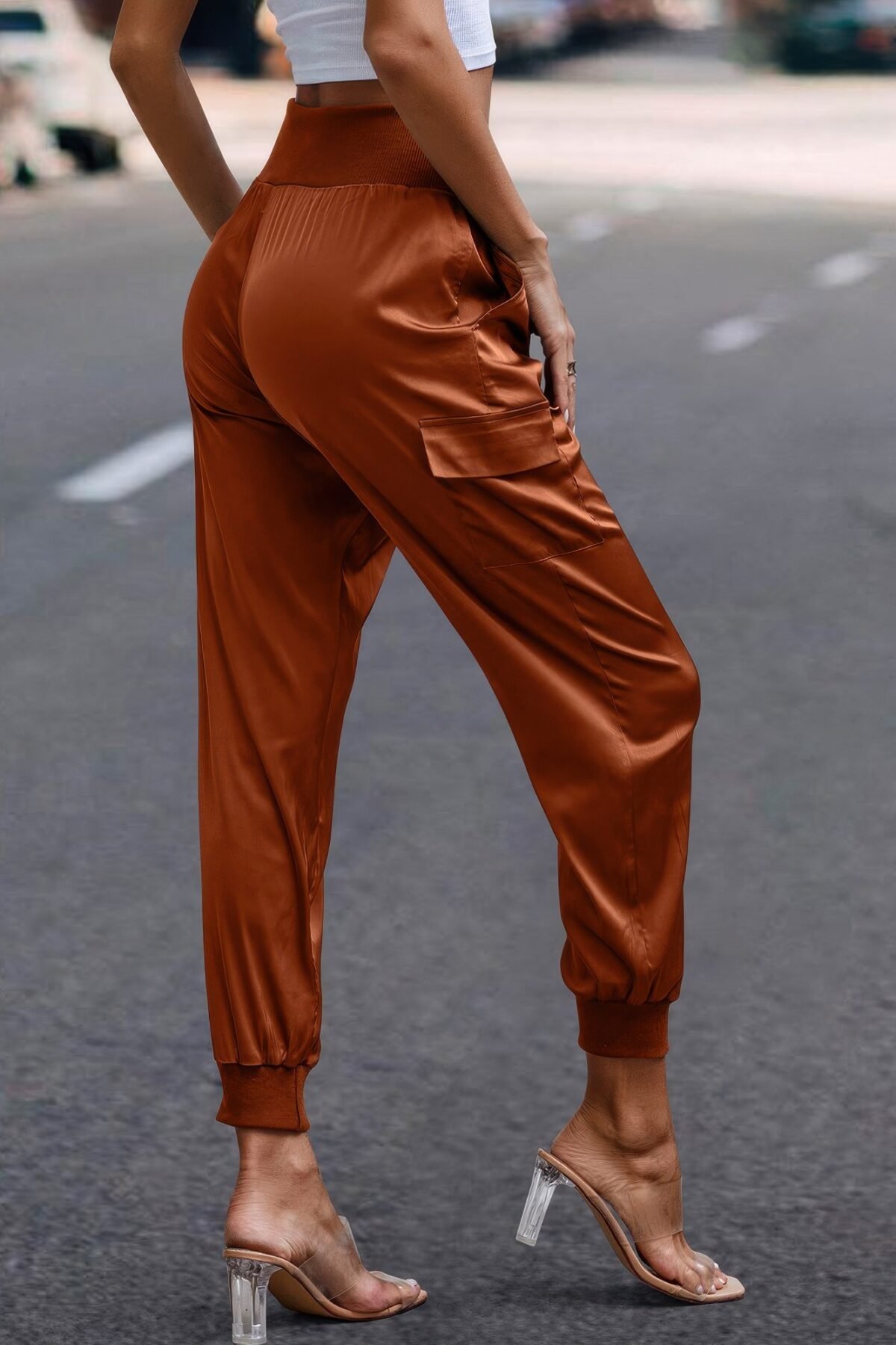High Waist Trousers Pocket Satin Jogger Pants - Image 24