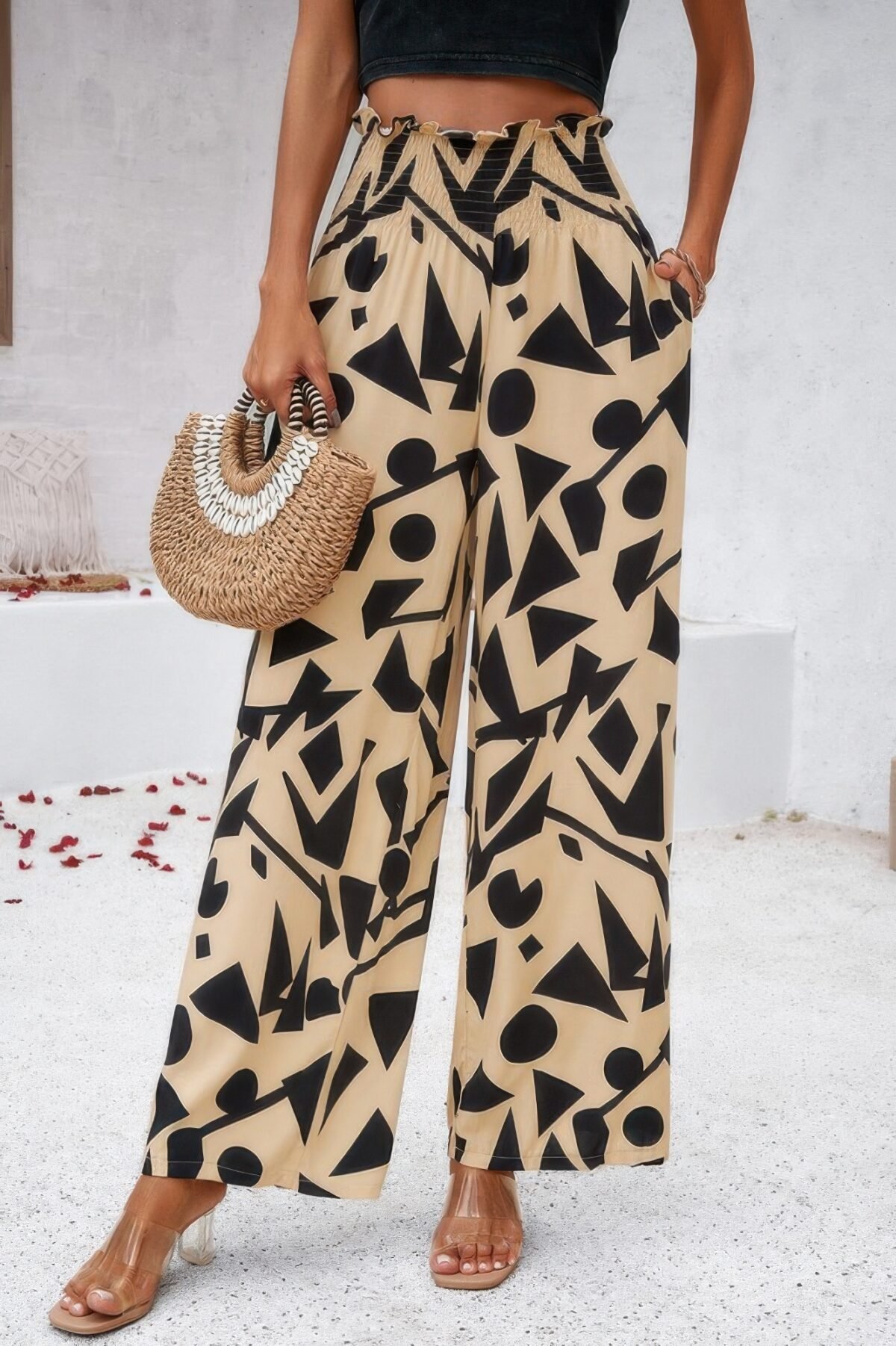 Allover Print Folded Frill Wide Leg High Waist Pant - Image 1